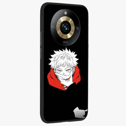 Crimson Chaos Smile Glass Case upright view showcasing expressive chaotic artwork with striking visual theme.
