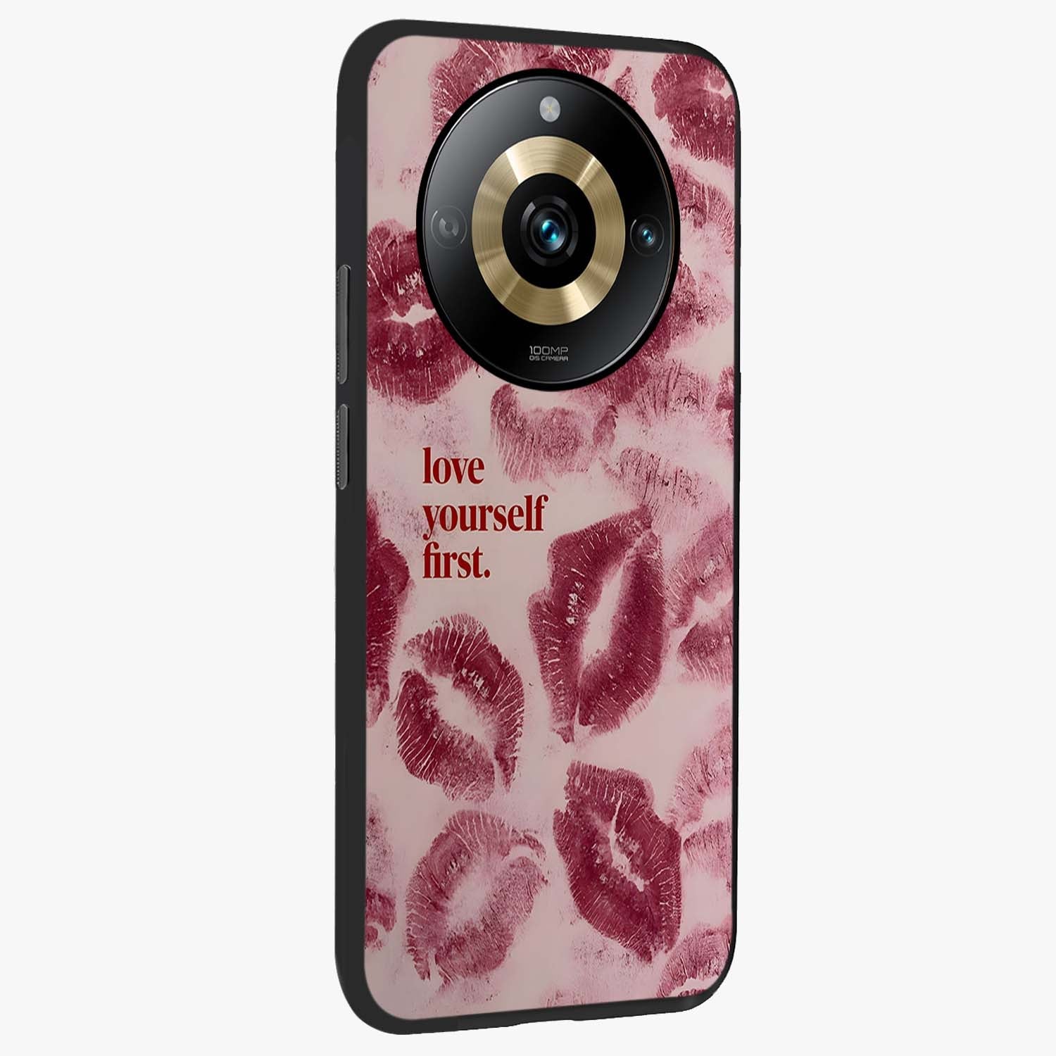 Crimson Kiss Love Glass Case upright view showcasing expressive romantic artwork with deep crimson theme.