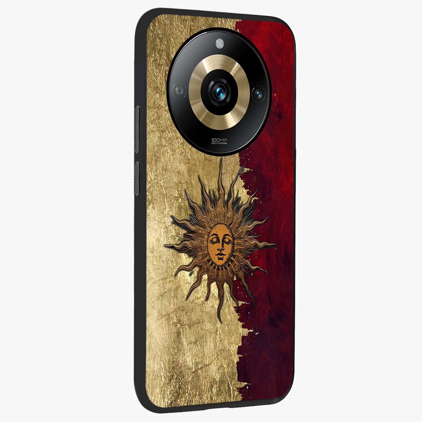 Crimson Sun Majesty Glass Case upright view showcasing vibrant sun artwork with powerful celestial theme.