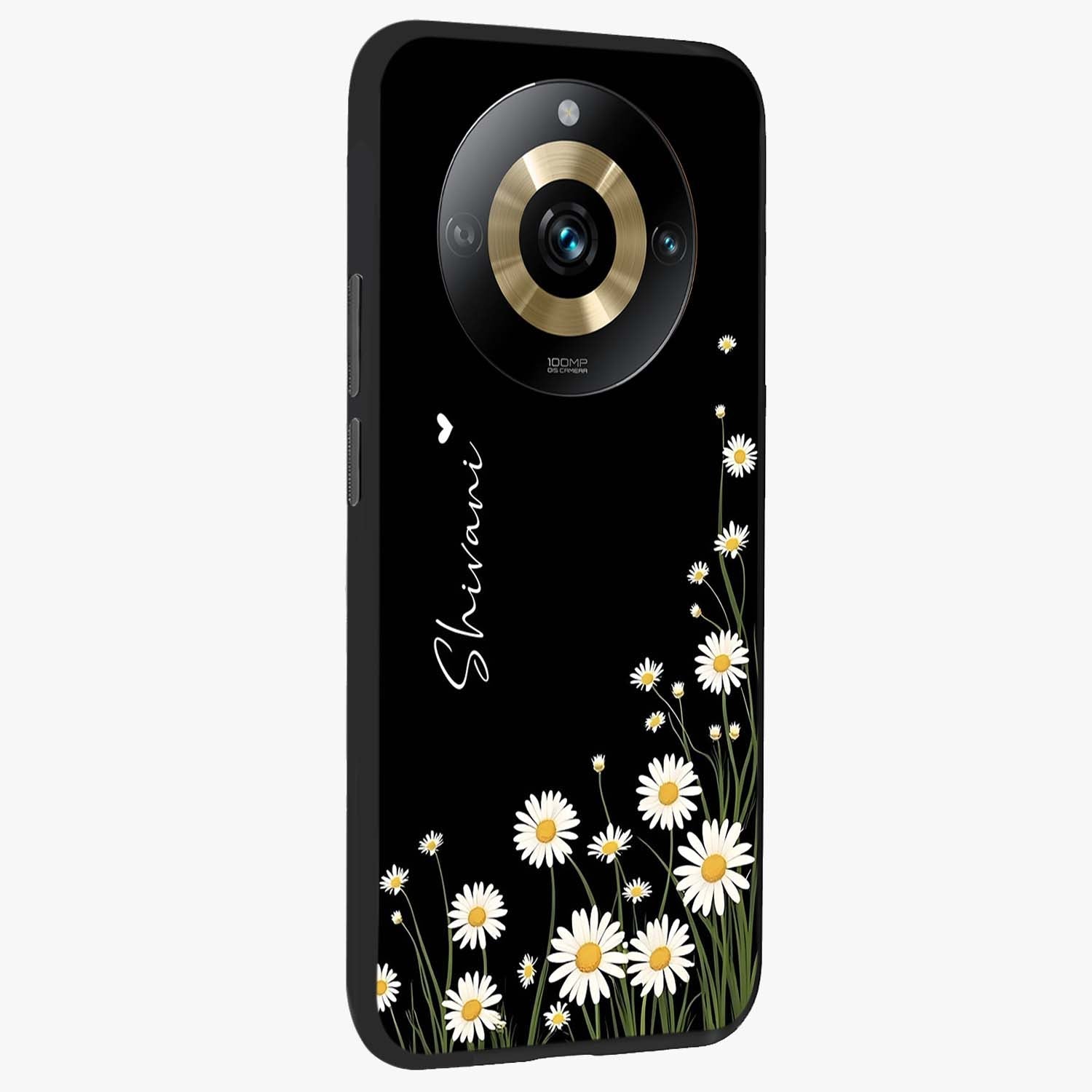 Daisy Cascade Custom Name Glass Case upright view showcasing elegant floral cascade design with personalized aesthetic.
