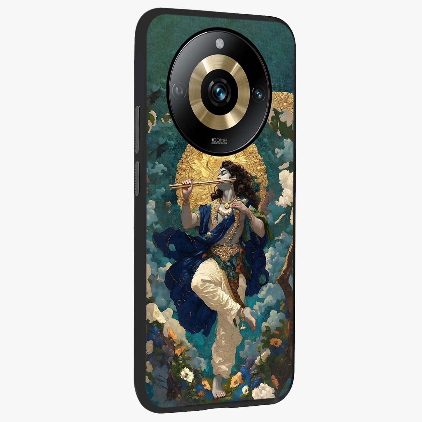 Divine Krishna Art Glass Case upright view showcasing divine Krishna artwork with sacred artistic theme.