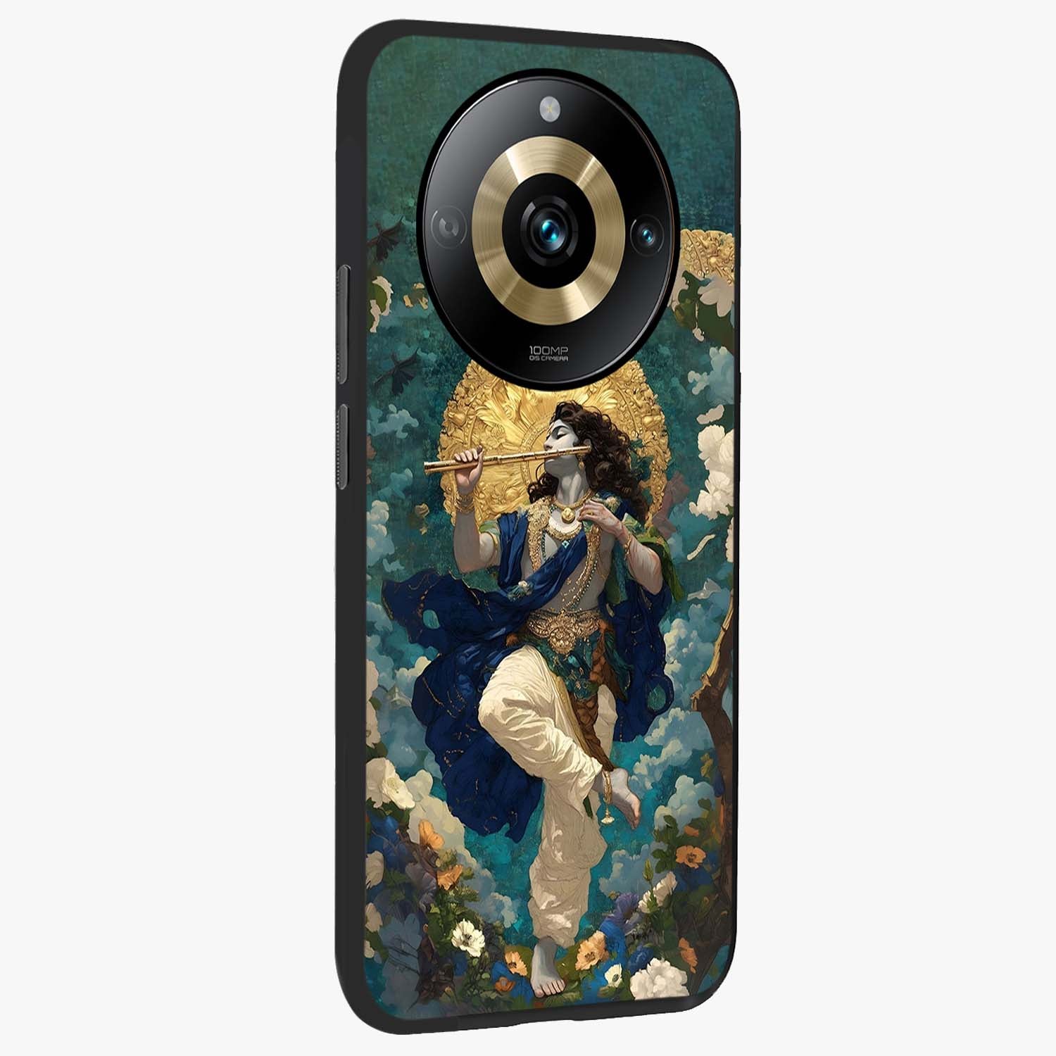 Divine Krishna Art Glass Case upright view showcasing divine Krishna artwork with sacred artistic theme.