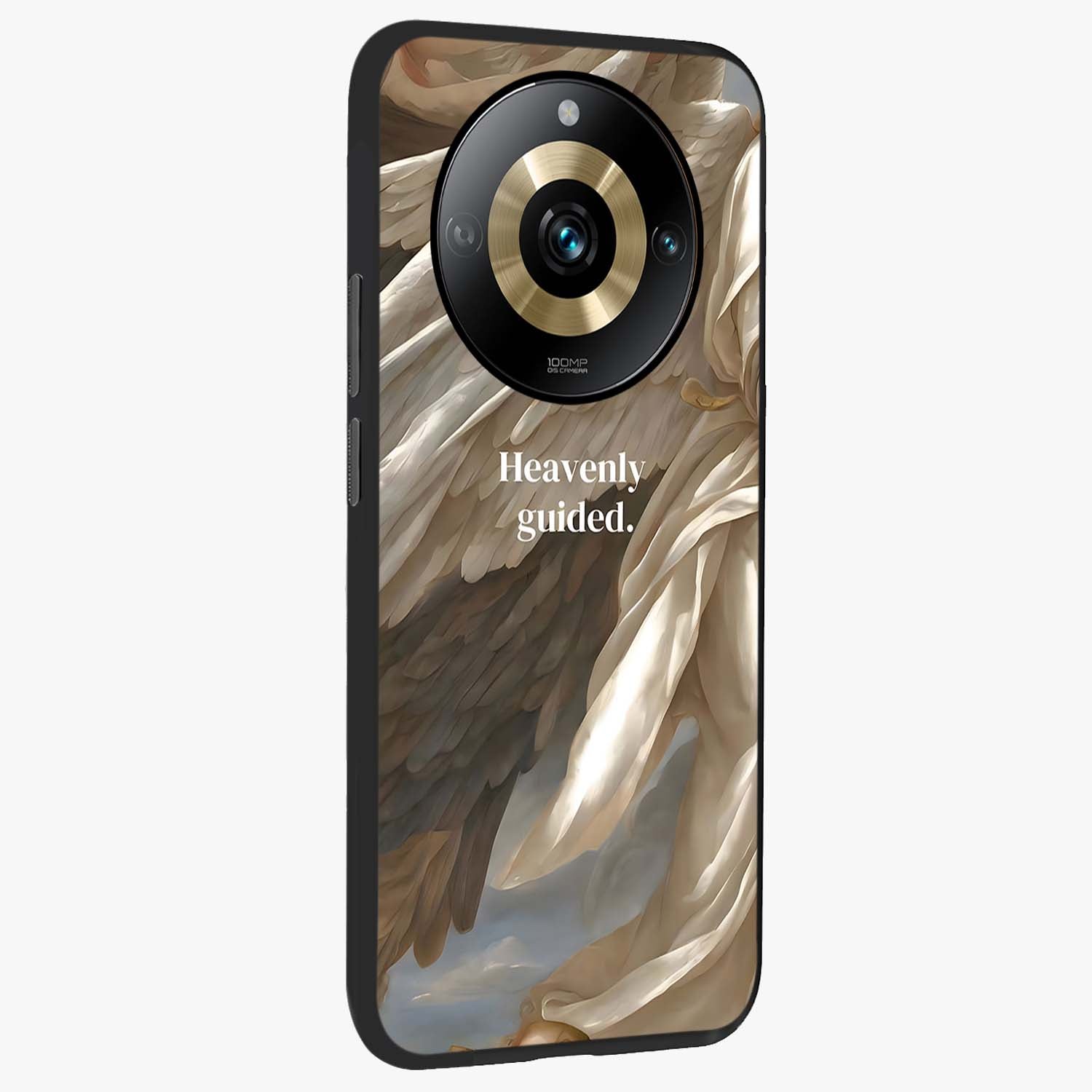Divine Winged Grace Glass Case upright view showcasing spiritual wing artwork with soft celestial theme.