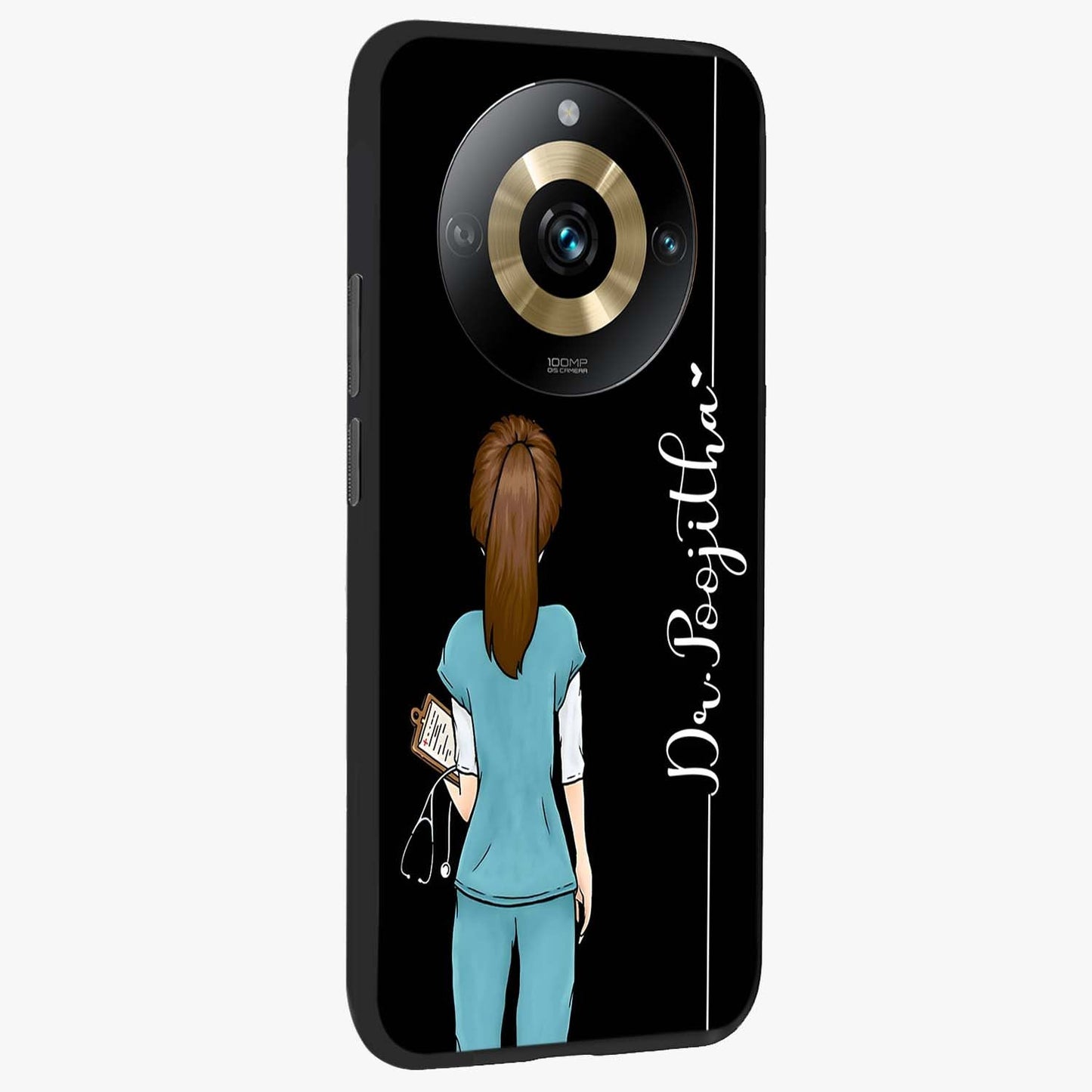 Doctor Pattern Custom Name Glass Case upright view showcasing healthcare themed design with personalized aesthetic.