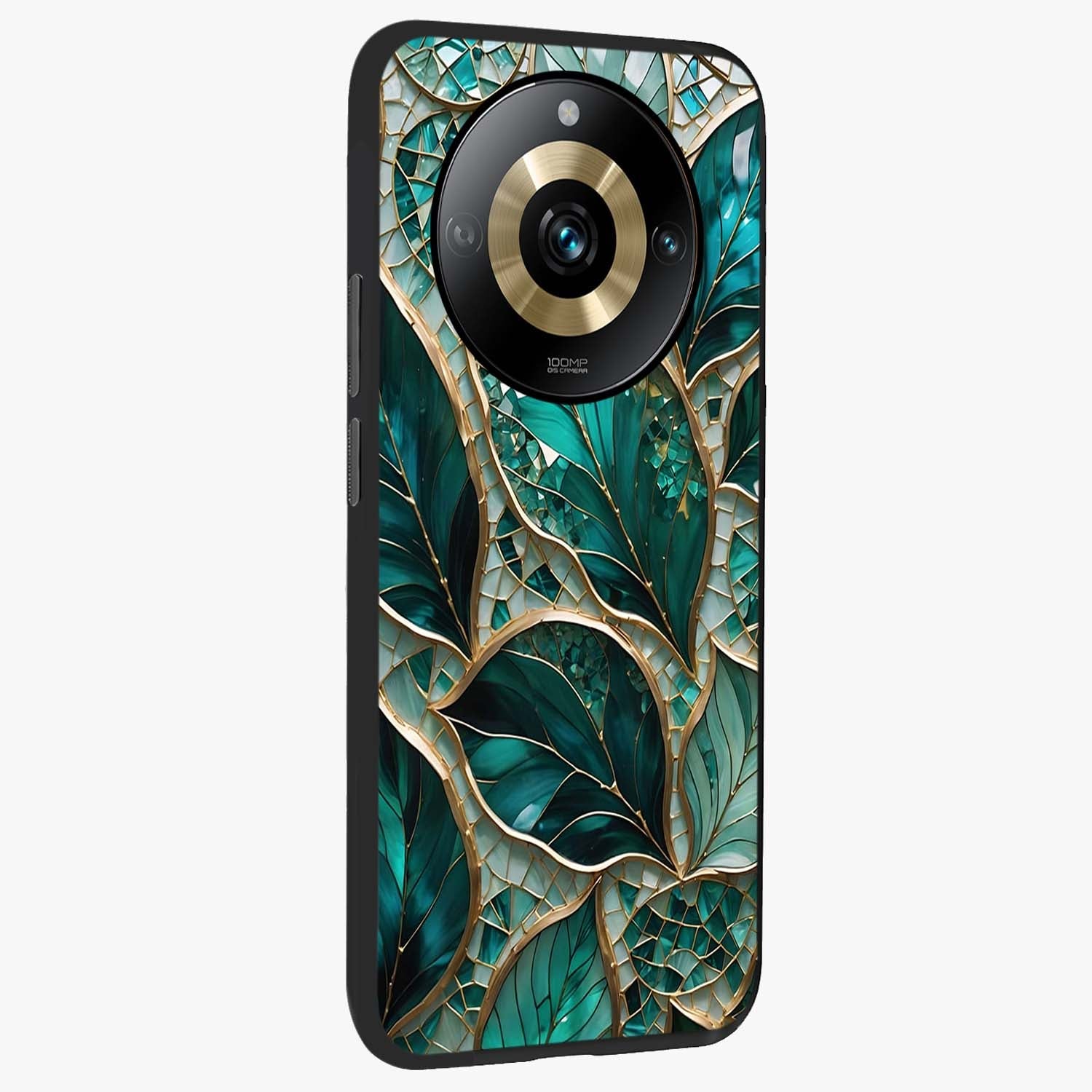 Emerald Leaf Glass Glass Case upright view showcasing fresh green leaf artwork with calming nature inspired style.