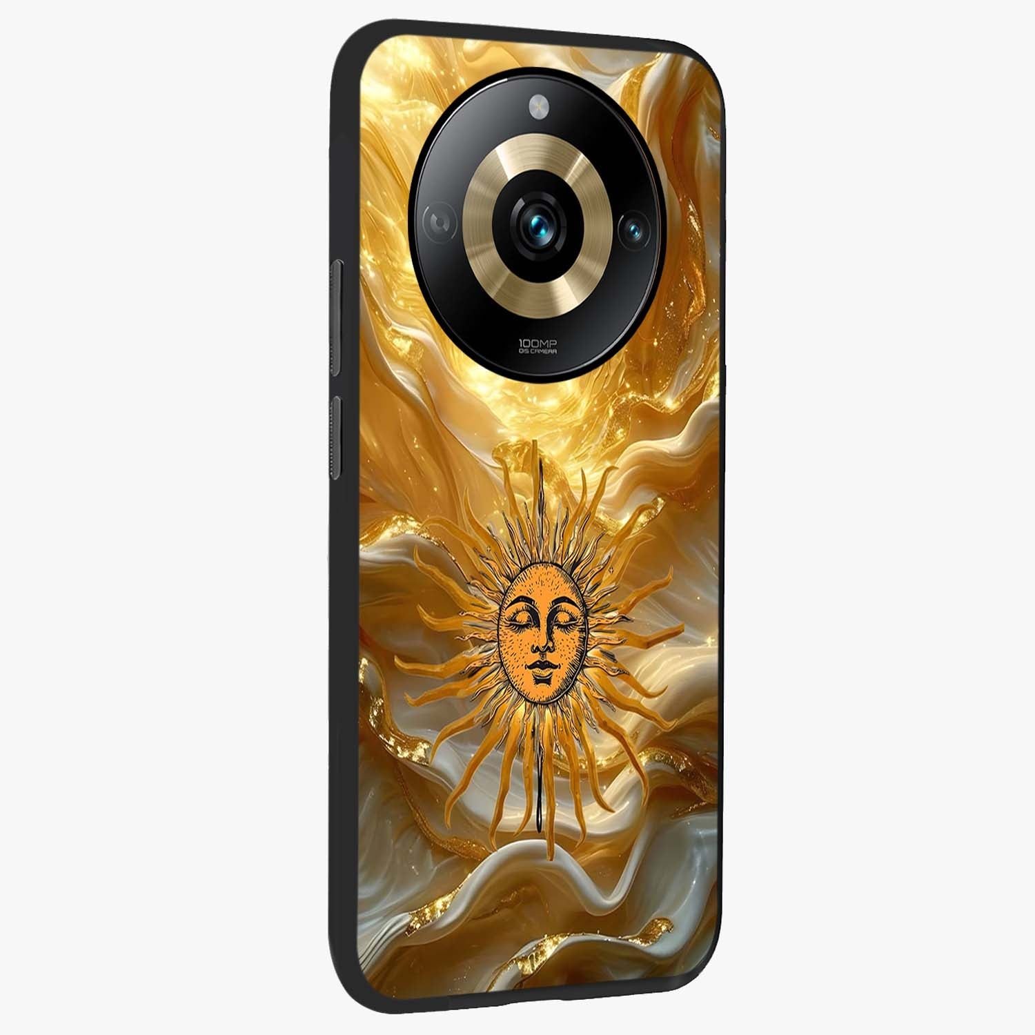 Eternal Golden Glow Glass Case upright view showcasing luminous golden artwork with luxurious visual theme.