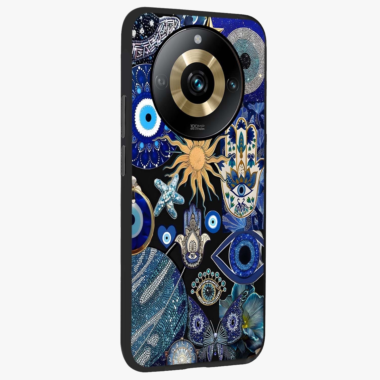Evil Eye Charm Mix Glass Case upright view showcasing mystical evil eye pattern with vibrant decorative style.