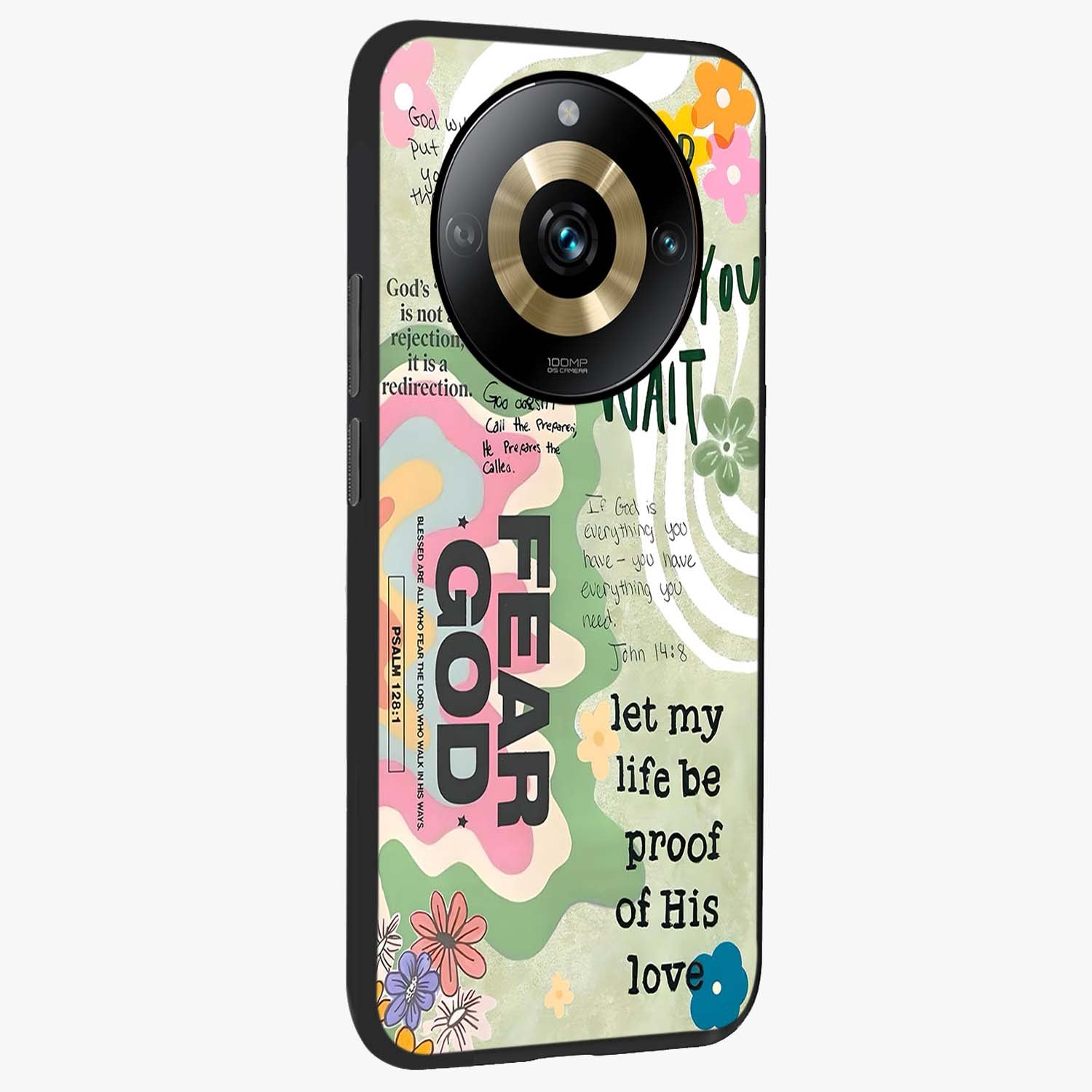 Faith Over Fear Glass Case upright view showcasing bold typography artwork with uplifting motivational theme.