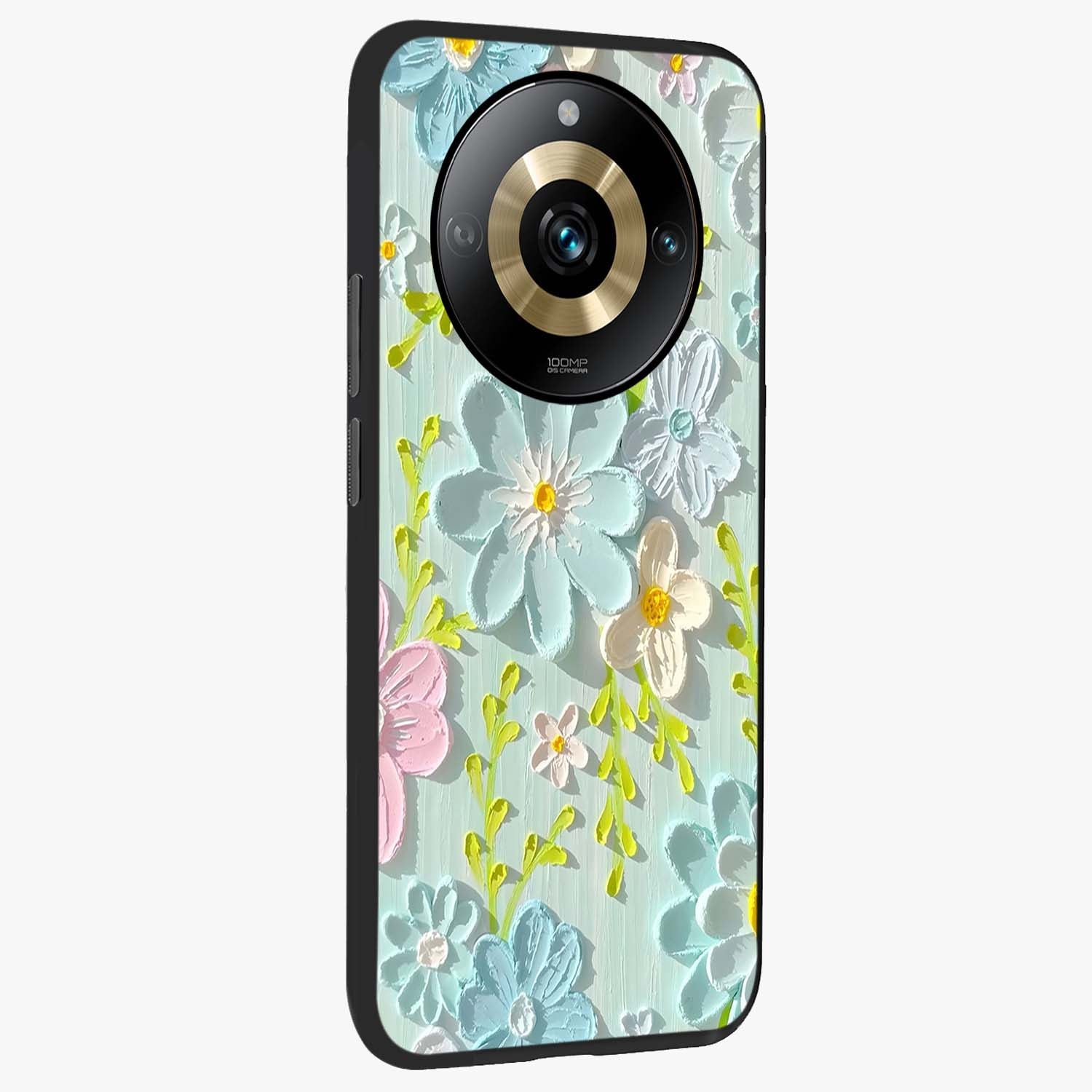 Frosted Petal Garden Glass Case upright view showcasing elegant floral garden artwork with soothing pastel theme.