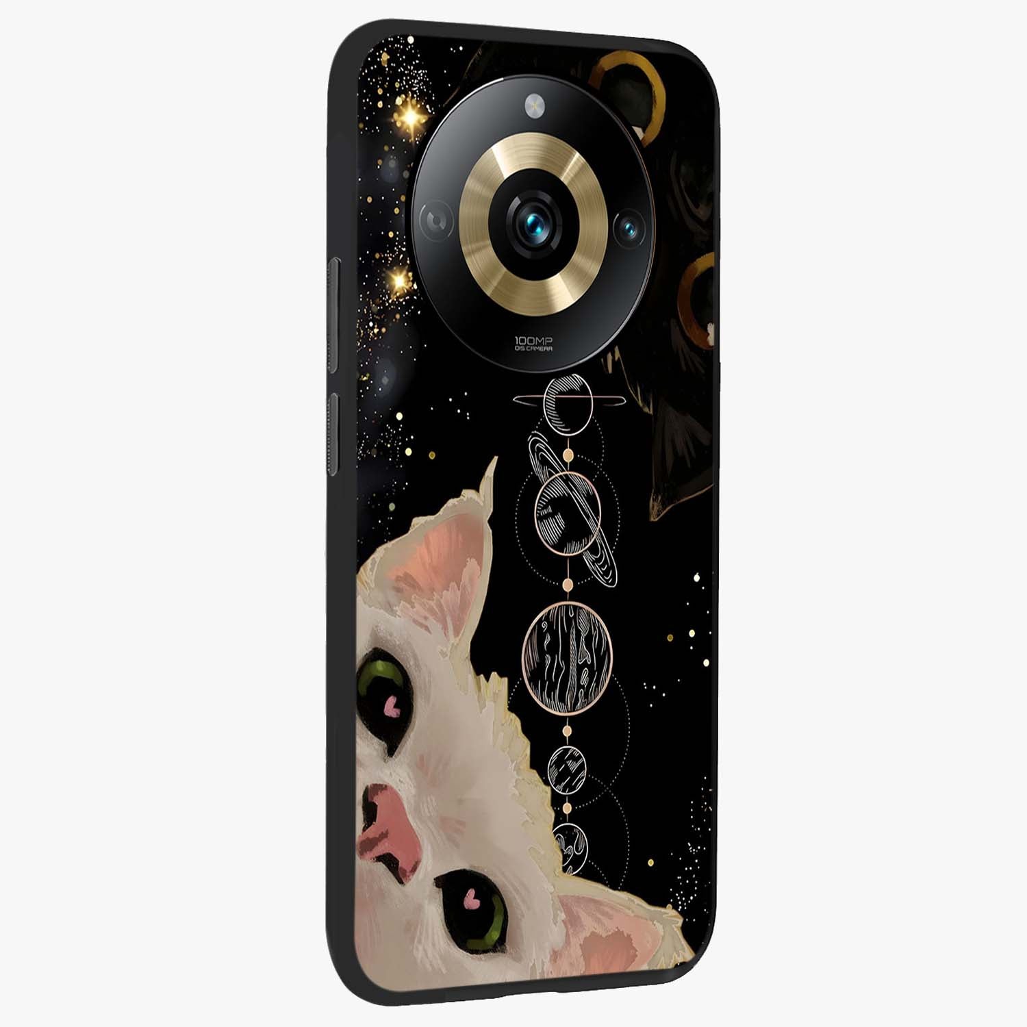 Galactic Cat Glass Case upright view showcasing mystical cat artwork with dreamy cosmic theme.