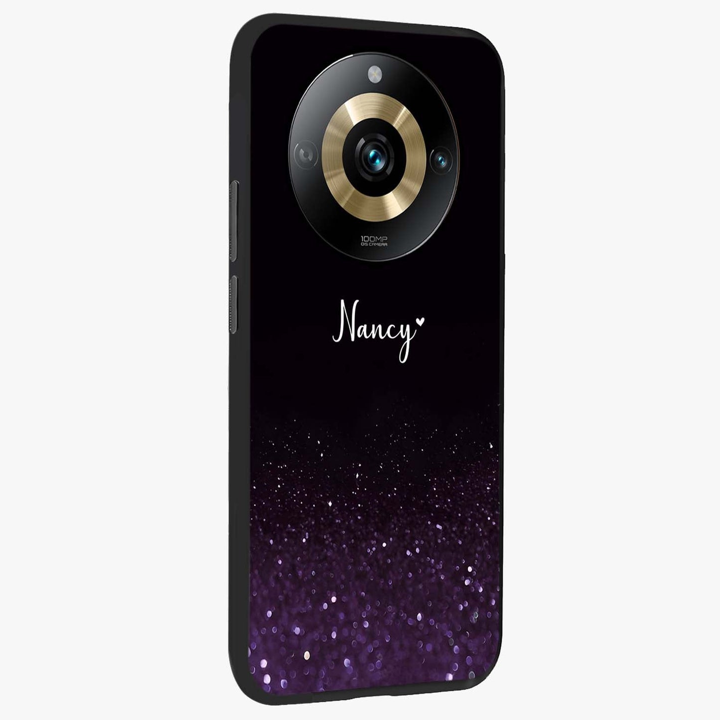 Glittery Purple Bokeh Custom Name Glass Case upright view showcasing vibrant purple sparkle artwork with personalized aesthetic style.