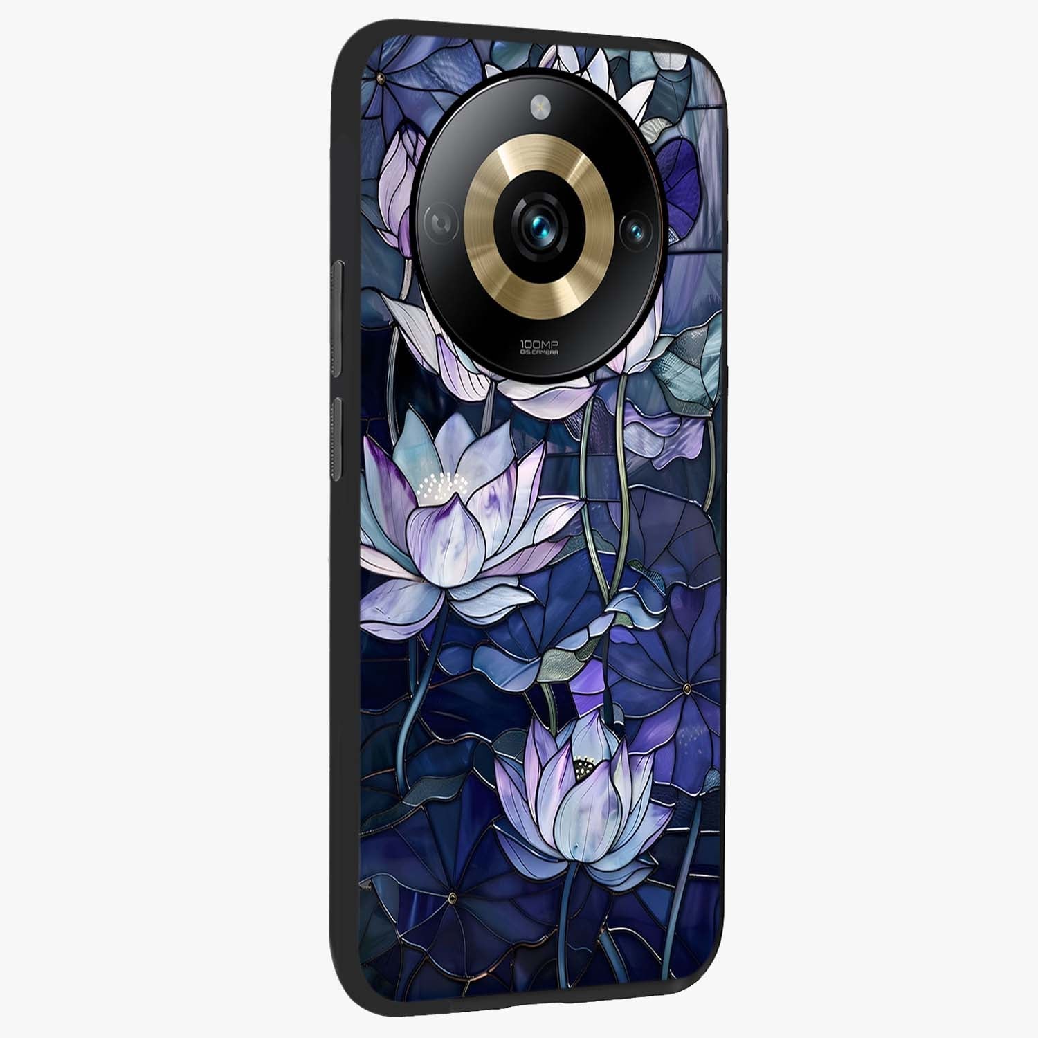 Gloss Petal Rush Glass Case upright view showcasing dynamic floral petal artwork with modern botanical theme.