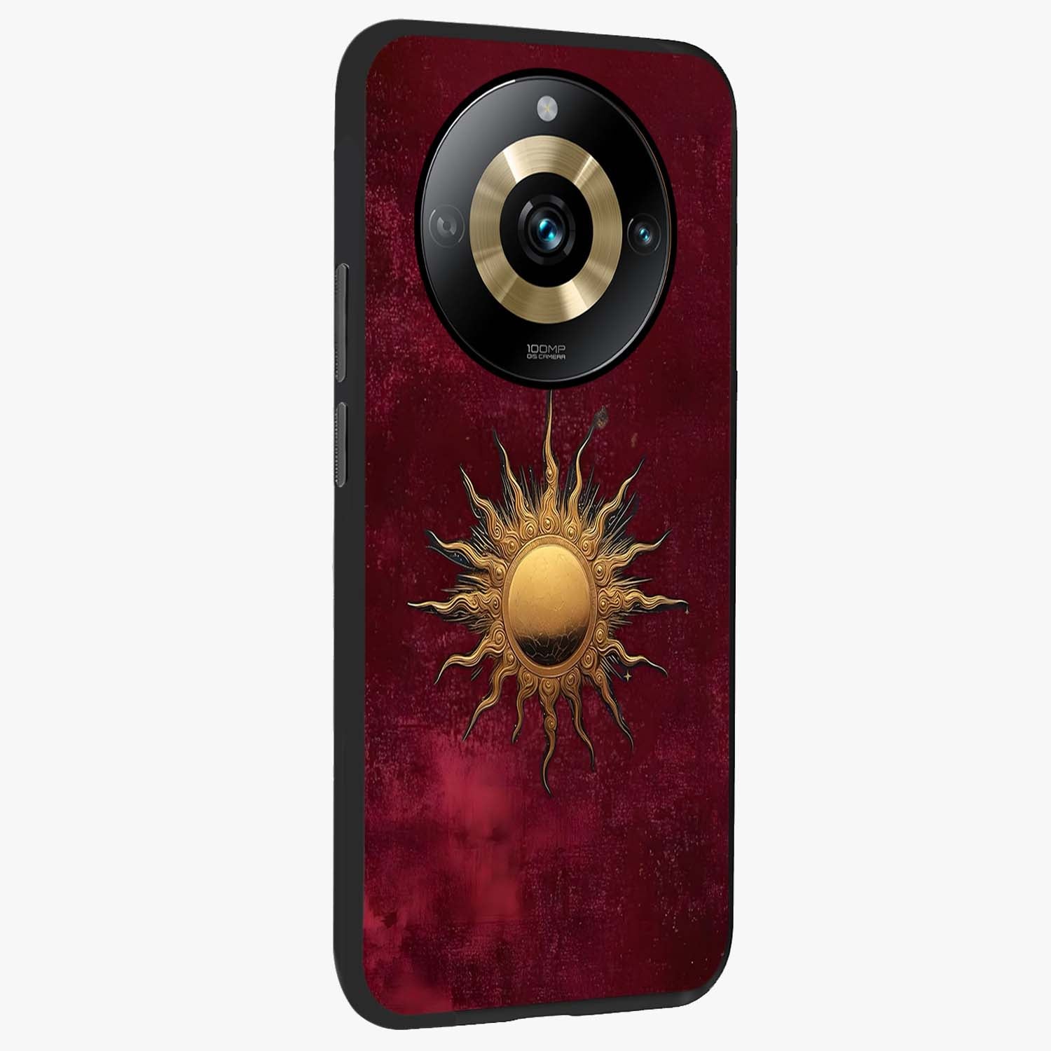 Golden Sun Minimalism Glass Case upright view showcasing simple golden sun artwork with elegant minimalist style.