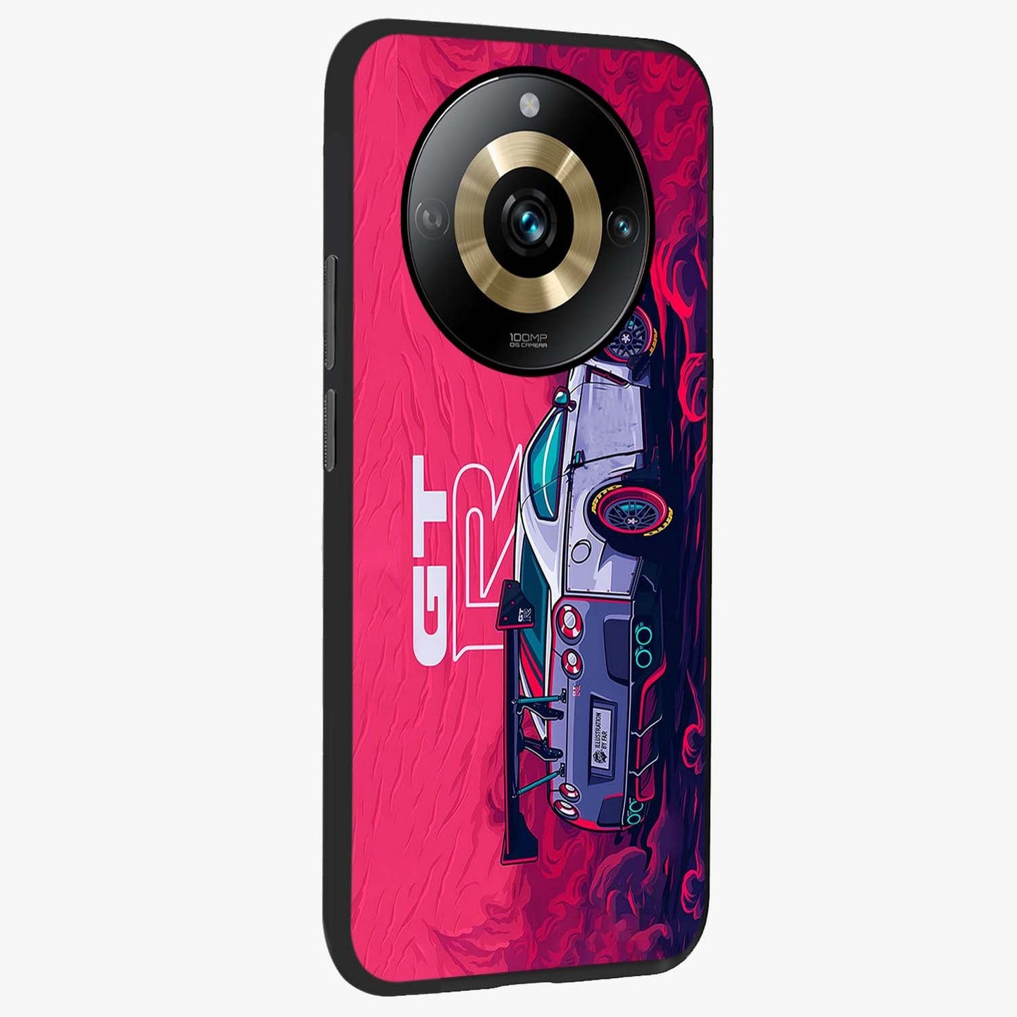 GT-R Car Pattern Glass Case upright view showcasing dynamic car pattern artwork with modern sports theme.