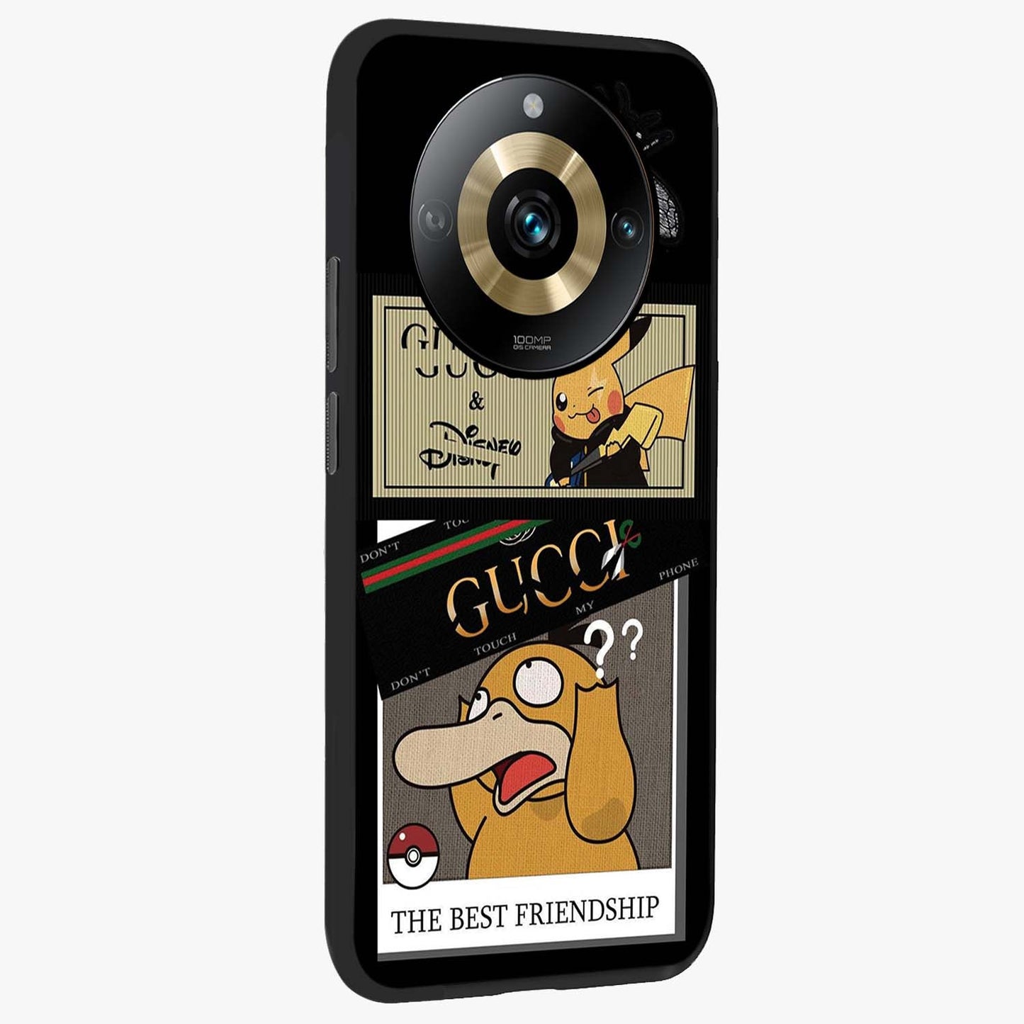 Gucci Play Mashup Glass Case upright view showcasing trendy luxury inspired artwork with modern fashion theme.