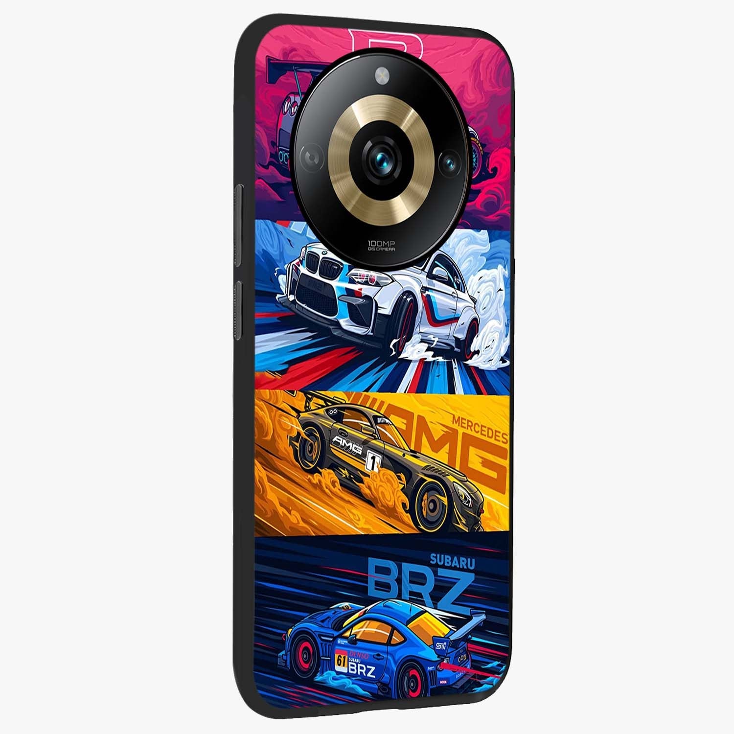 JDM Sports Car Glass Case upright view showcasing dynamic sports car artwork with bold racing theme.
