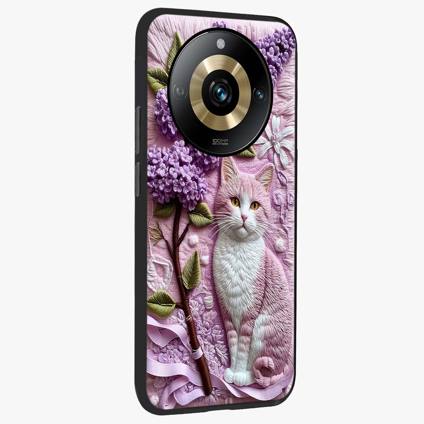 Lavender Cat Whimsy Glass Case upright view showcasing charming cat artwork with whimsical lavender theme.