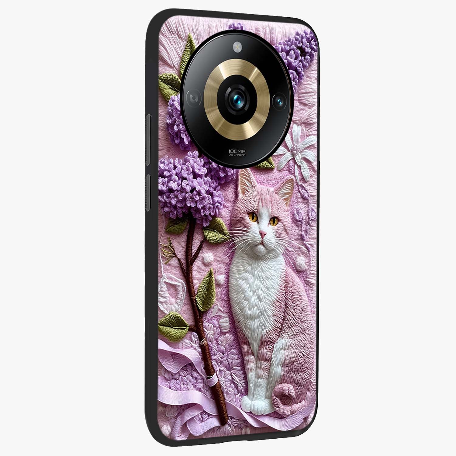Lavender Cat Whimsy Glass Case upright view showcasing charming cat artwork with whimsical lavender theme.