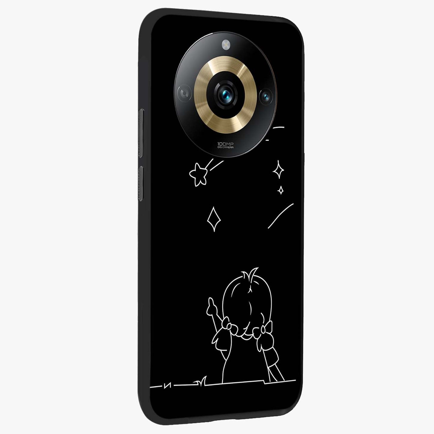 Line Art Girl With Shooting Stars Glass Case upright view showcasing delicate shooting stars artwork with minimal artistic theme.