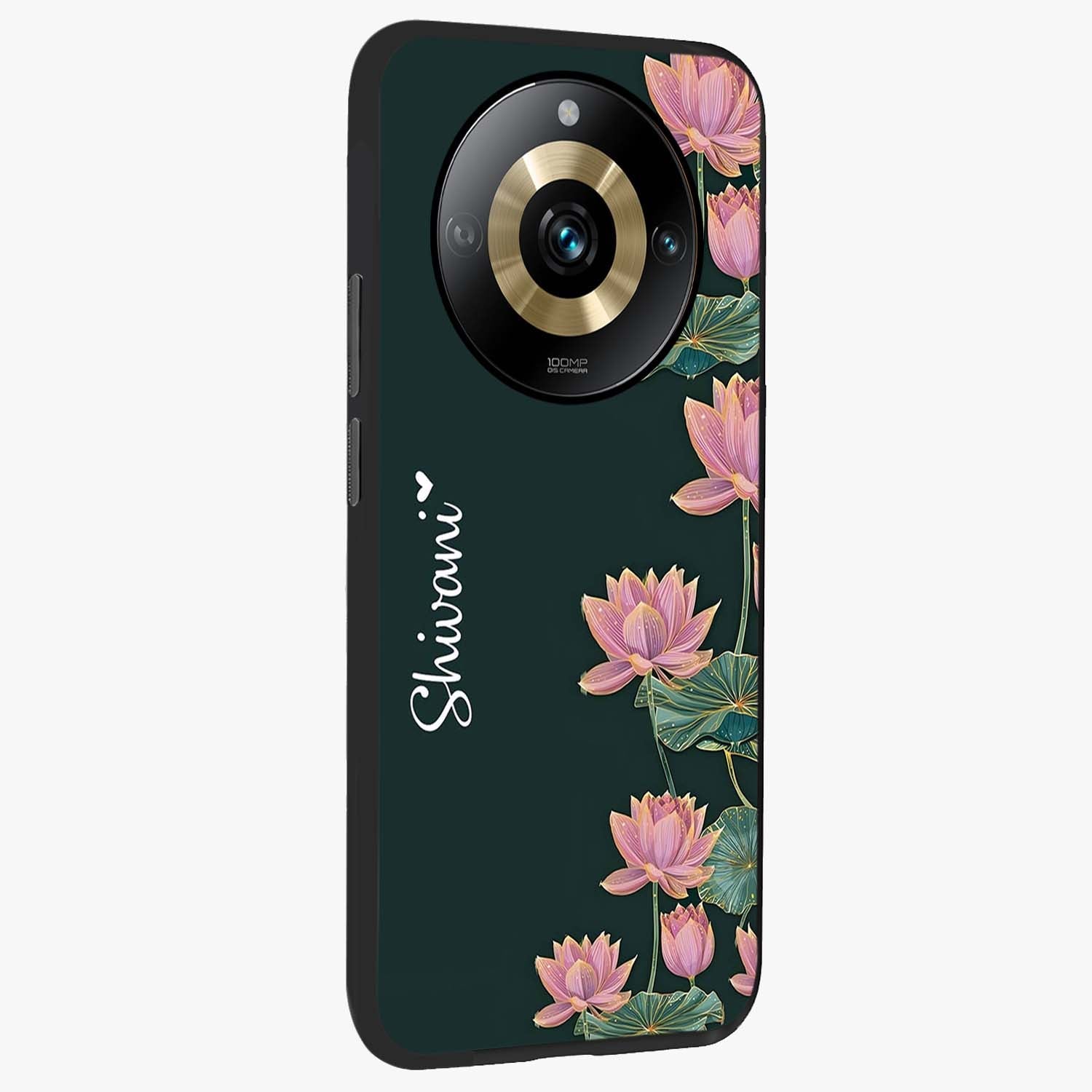 Lotus Bloom Serenity Custom Name Glass Case upright view showcasing serene lotus bloom artwork with personalized floral aesthetic.