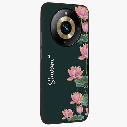 Lotus Bloom Serenity Custom Name Glass Case upright view showcasing serene lotus bloom artwork with personalized floral aesthetic.