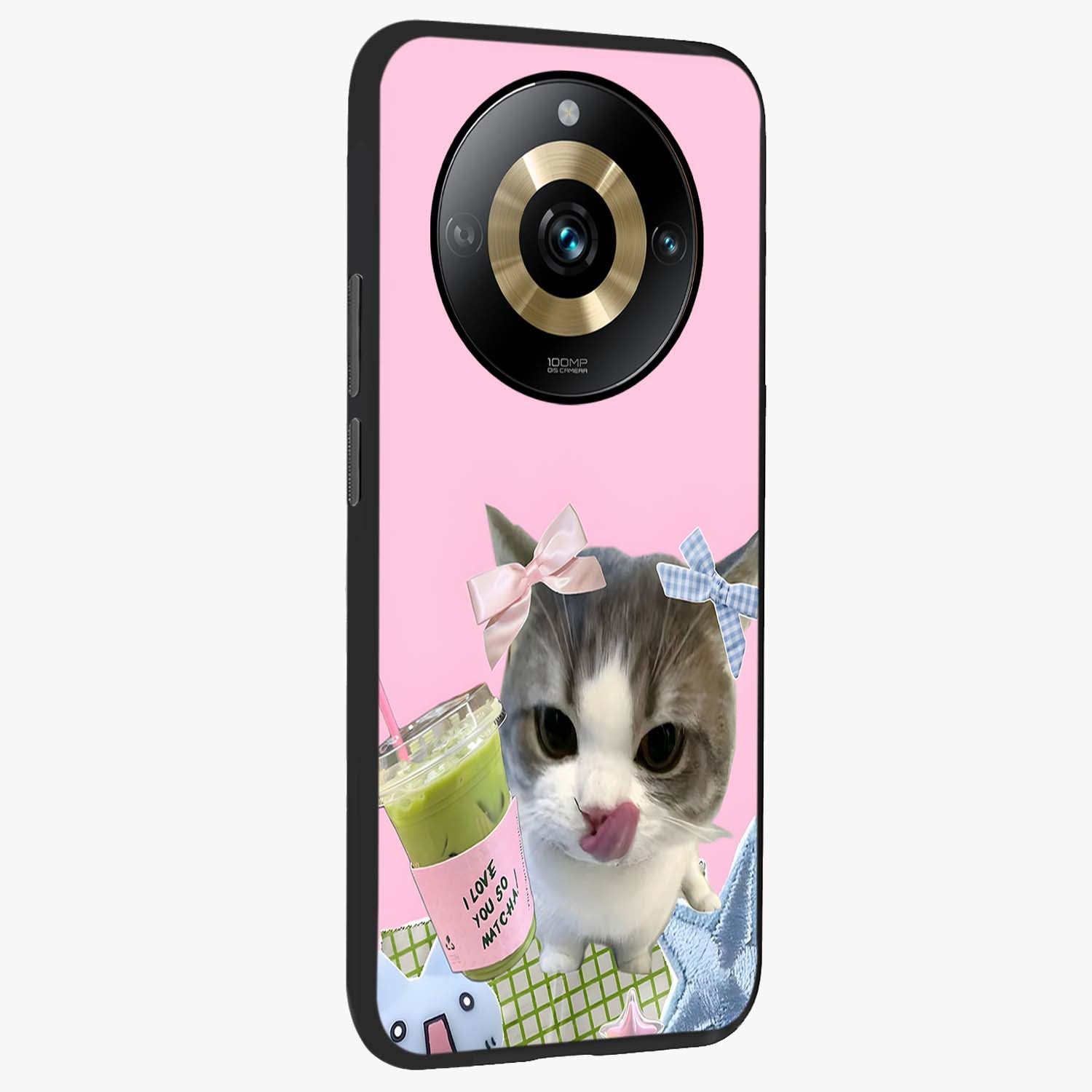 Love Matcha Cat Glass Case upright view showcasing adorable cat artwork with charming matcha themed design.