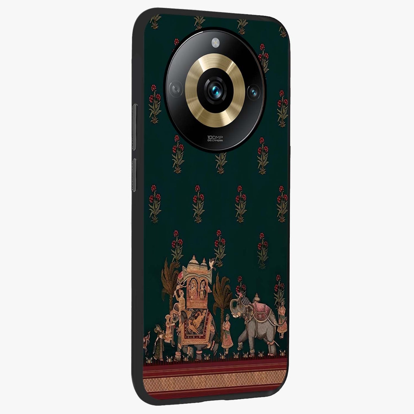 Macmerise Glass Case upright view showcasing bold artistic artwork with contemporary design theme.