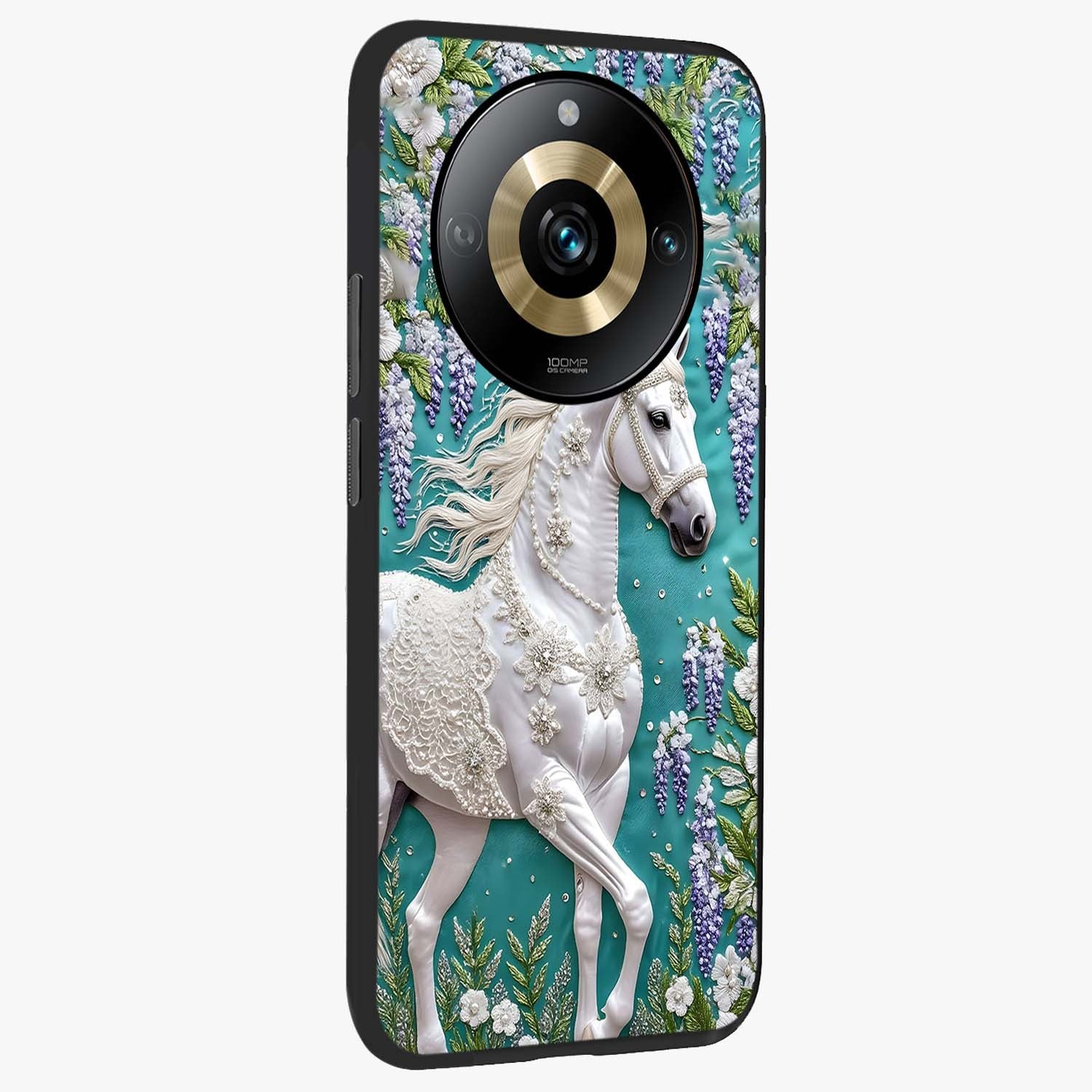 Majestic Floral Stallion Glass Case upright view showcasing dramatic horse artwork with decorative floral theme.