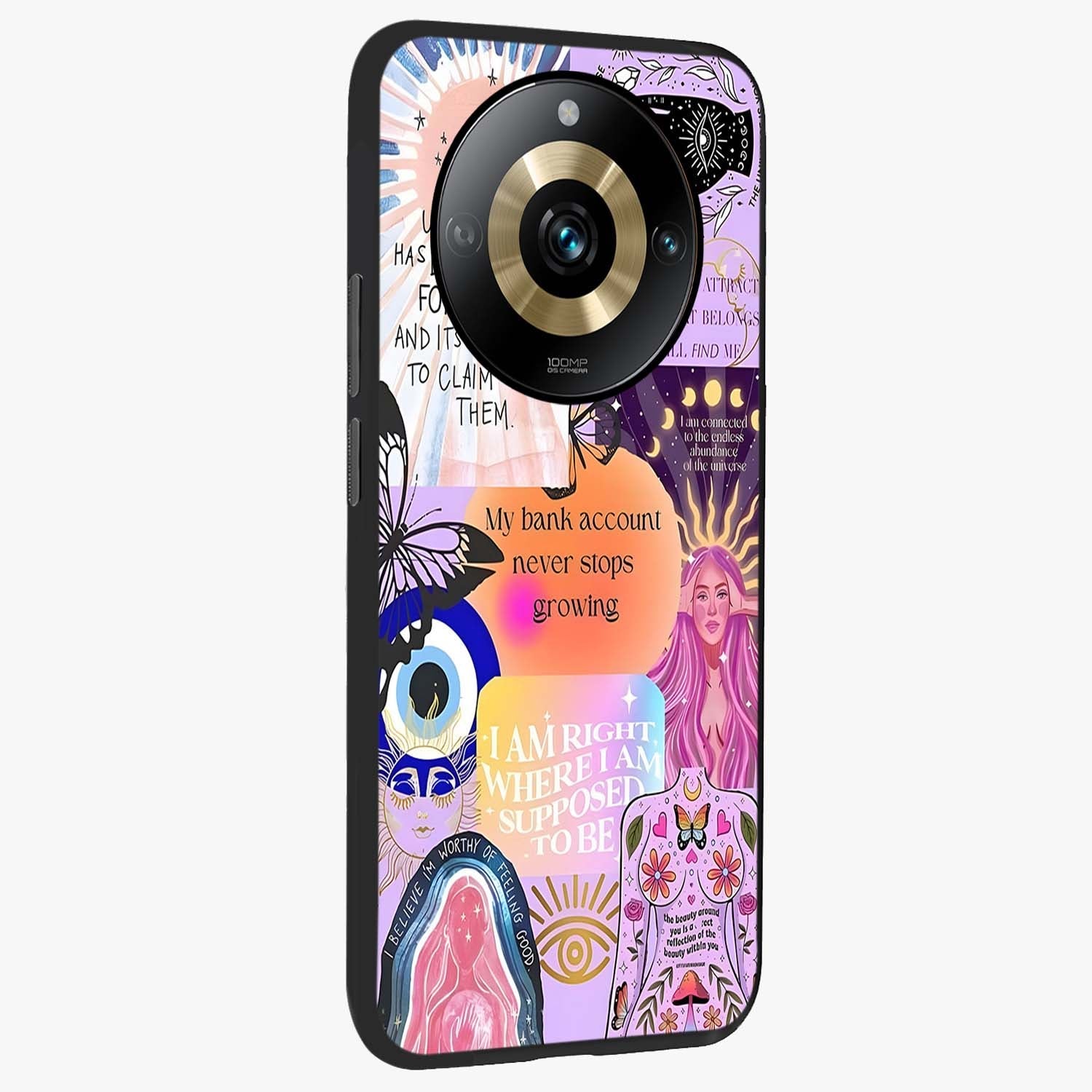 Manifestation Collage Glass Case upright view showcasing artistic manifestation themed artwork with creative style.
