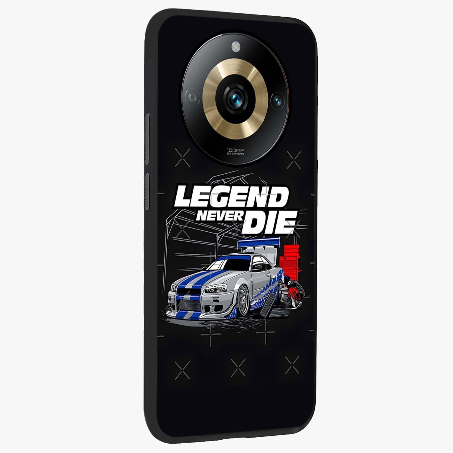 Midnight Racing Legacy Glass Case upright view showcasing powerful racing artwork with modern sports theme.