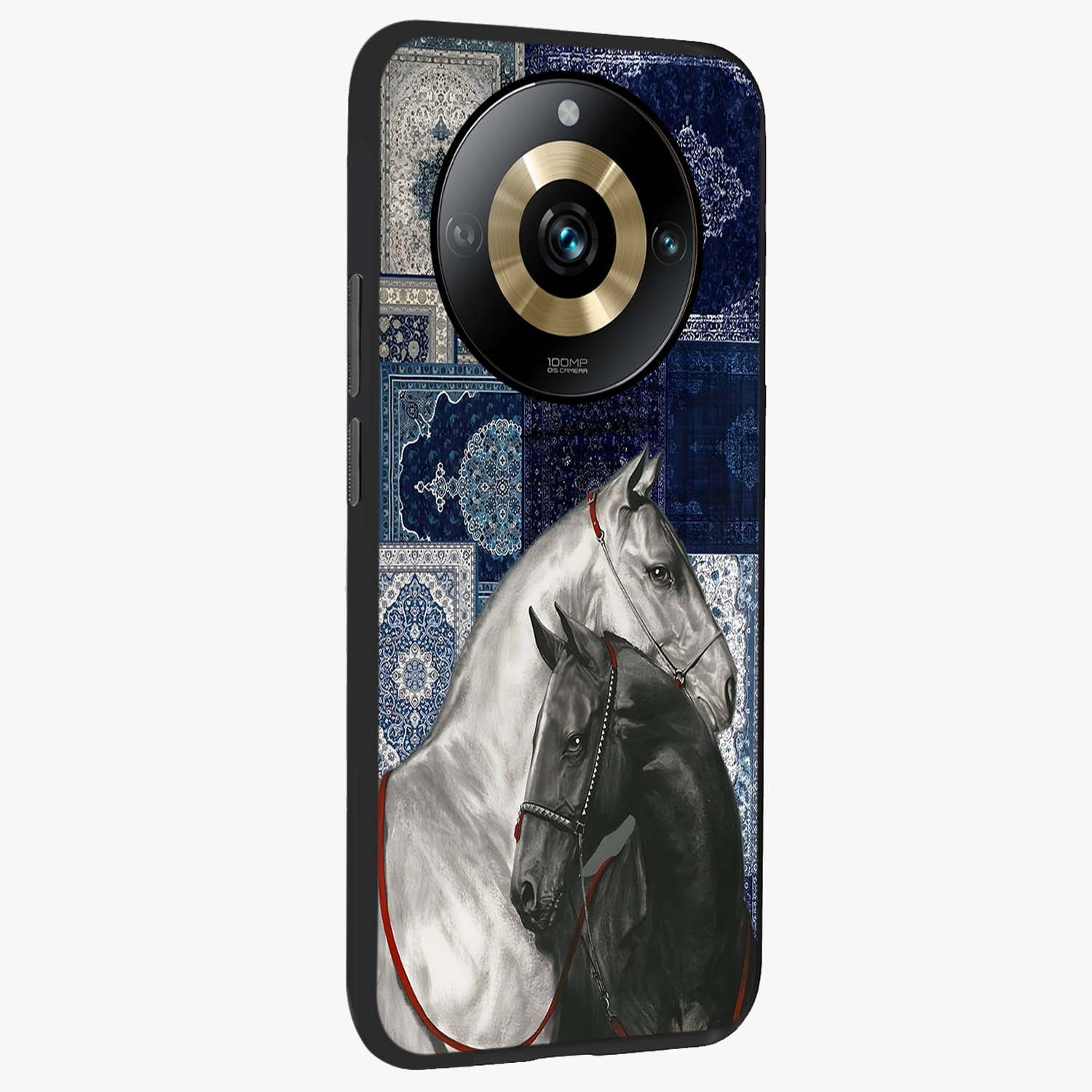 Midnight Stallion Blues Glass Case upright view showcasing dramatic horse artwork with bold artistic theme.