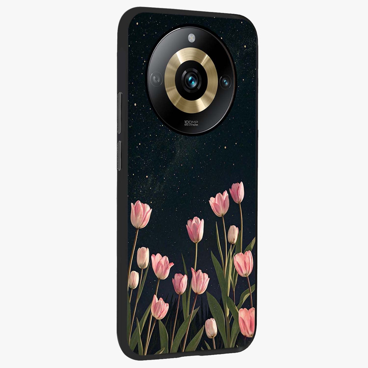 Midnight Tulip Whispers Vibe Glass Case upright view showcasing graceful tulip artwork with calm botanical theme.