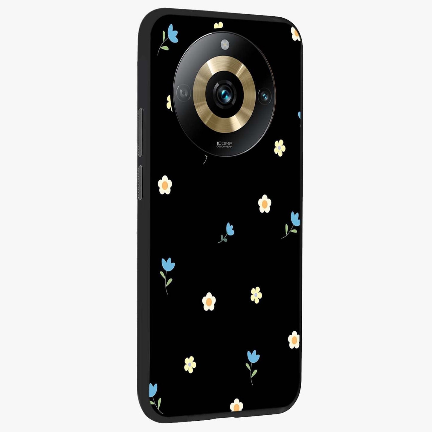 Minimal Petal Whispers Glass Case upright view showcasing elegant floral artwork with modern minimalist style.