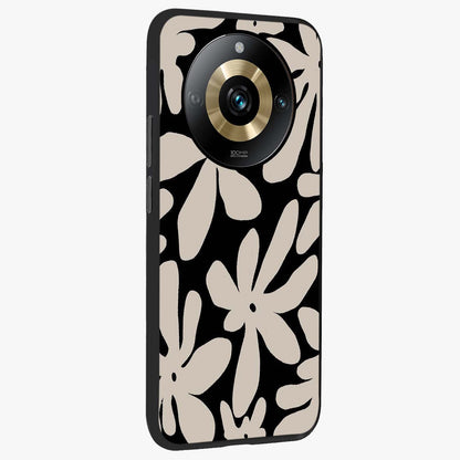 Monochrome Petal Dance Glass Case upright view showcasing artistic floral pattern with stylish monochrome theme.
