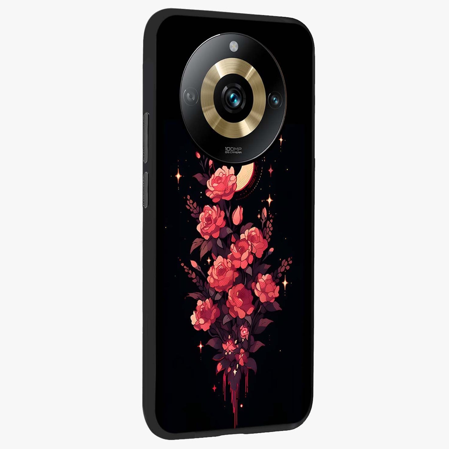 Moonlit Floral Elegance Glass Case upright view showcasing delicate floral artwork with refined night inspired theme.