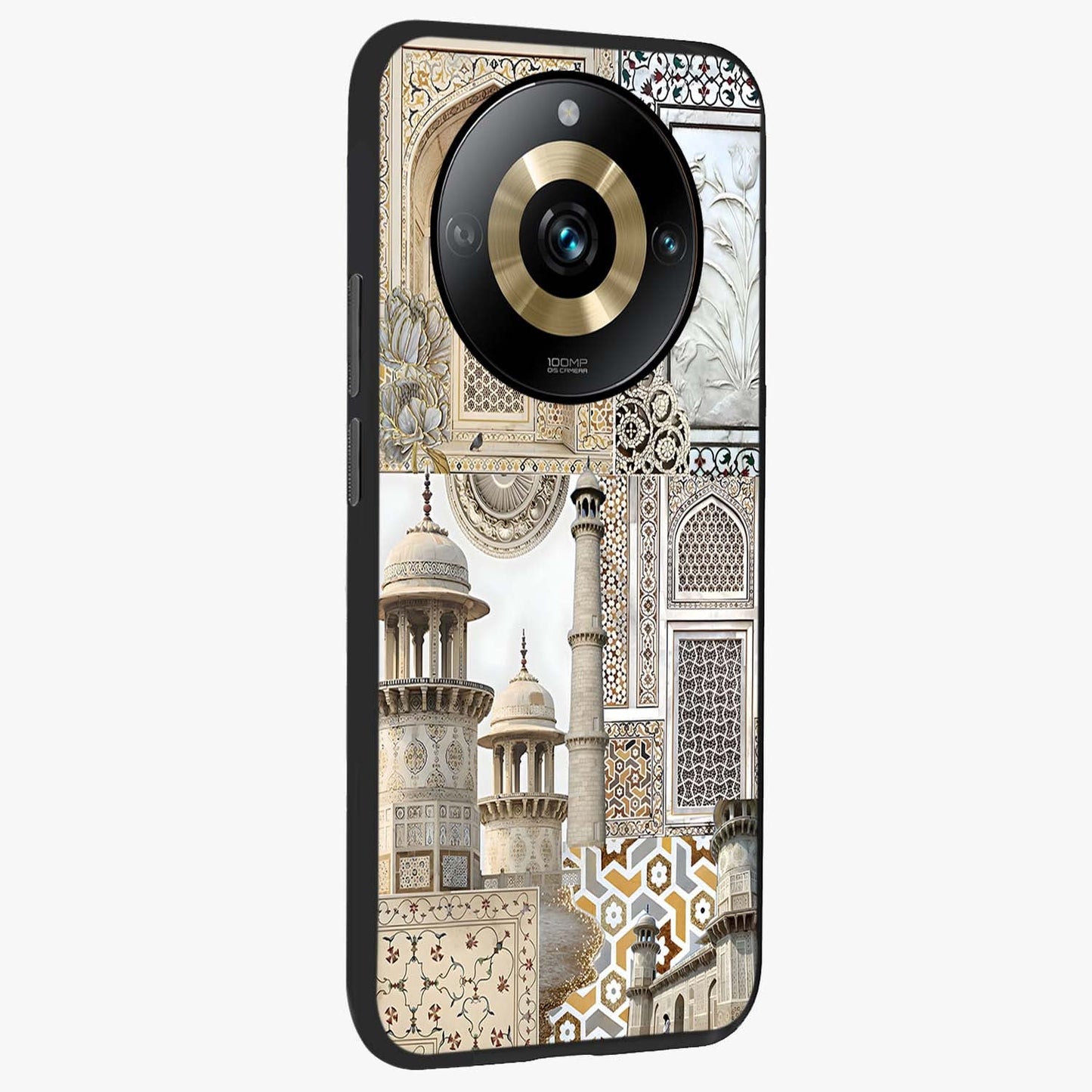 Mughal Marble Legacy Glass Case upright view showcasing ornate Mughal design with luxurious traditional theme.