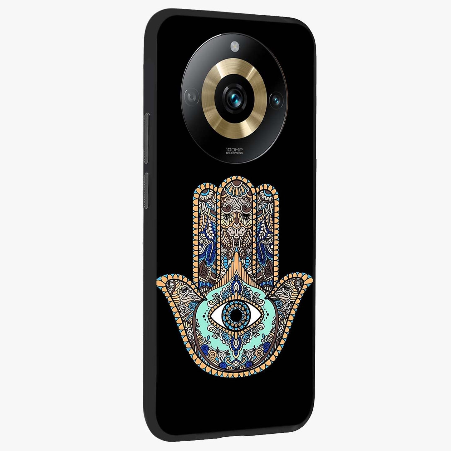 Mystic Hamsa Eye Glass Case upright view showcasing detailed hamsa eye artwork with protective spiritual theme.