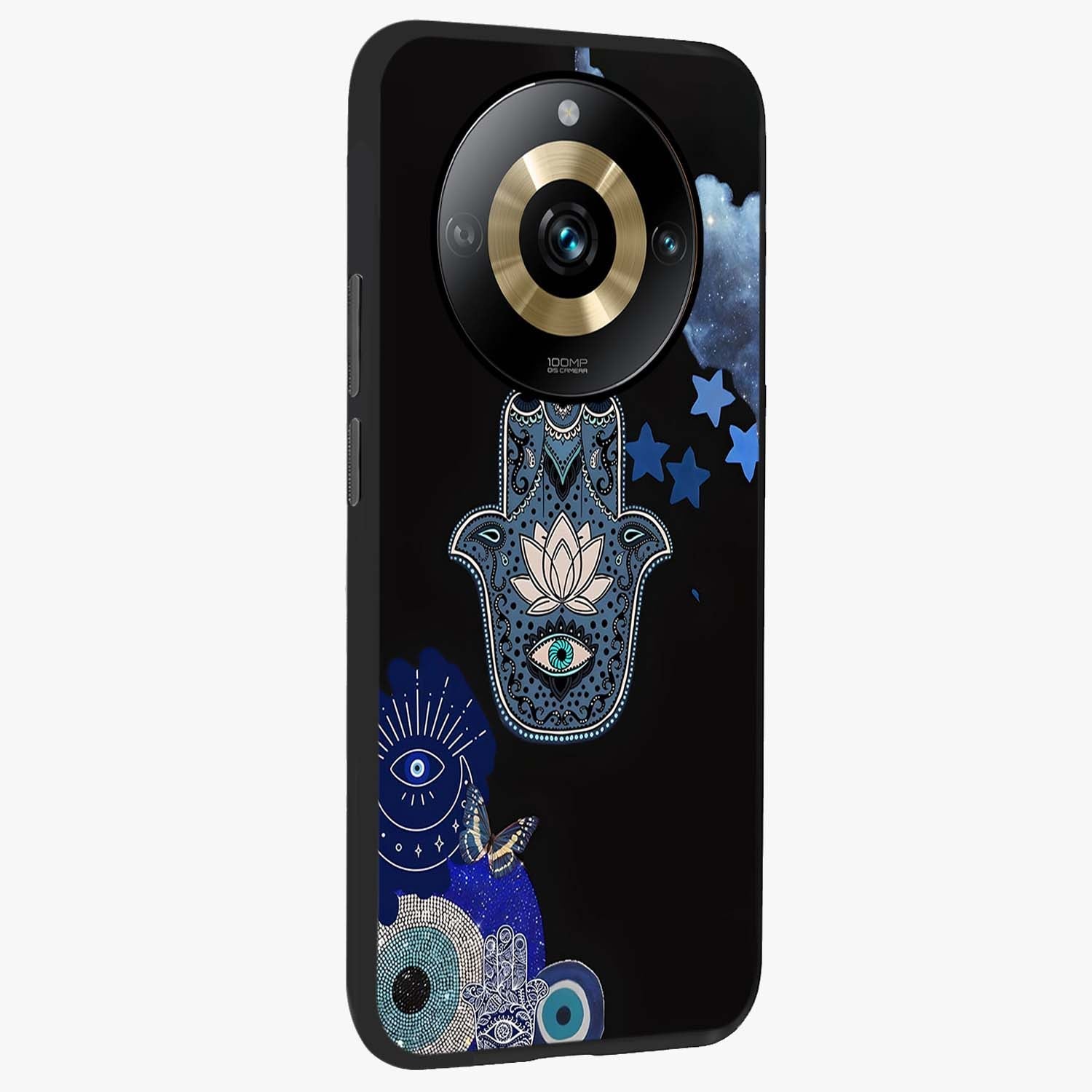 Mystic Hand Aura Glass Case upright view showcasing symbolic hand artwork with mystical energy theme.