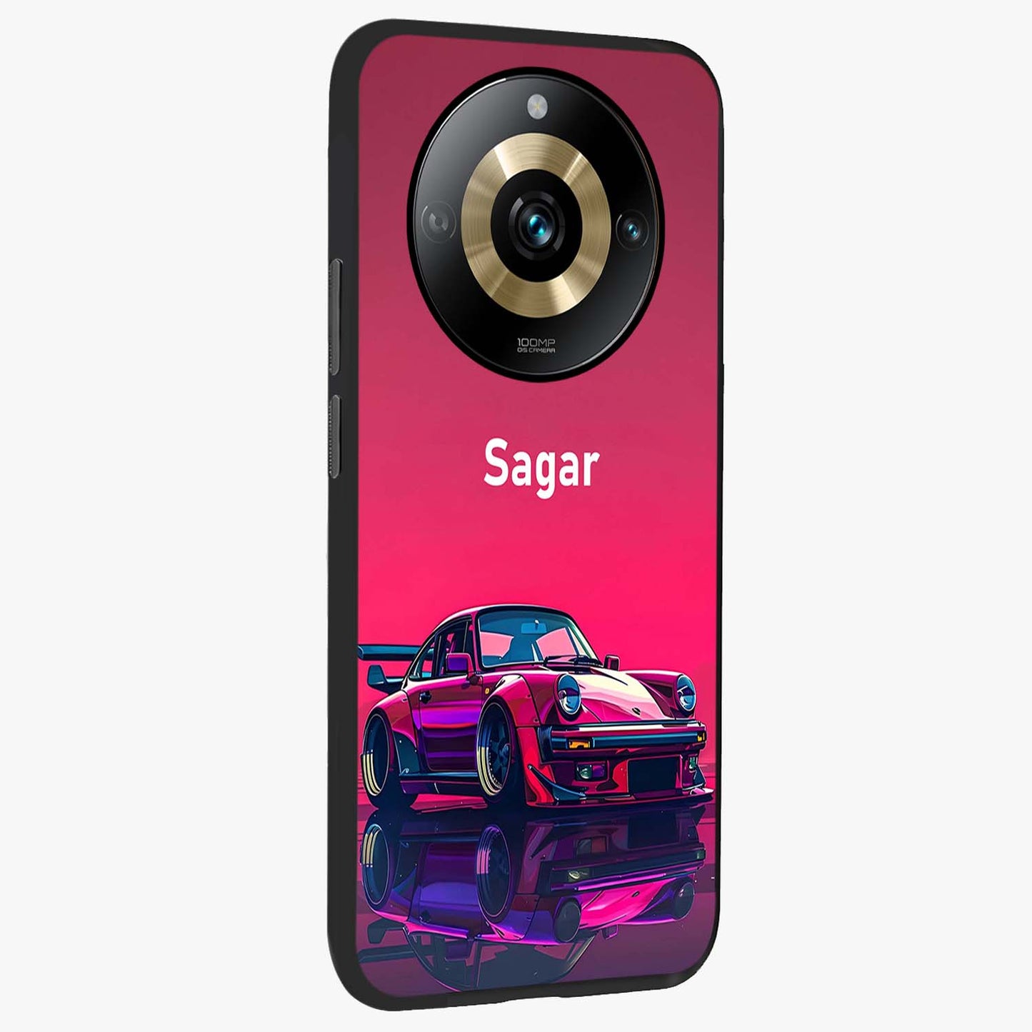 Neon Pink Porsche Glass Case upright view showcasing vibrant sports car artwork with bold automotive theme.