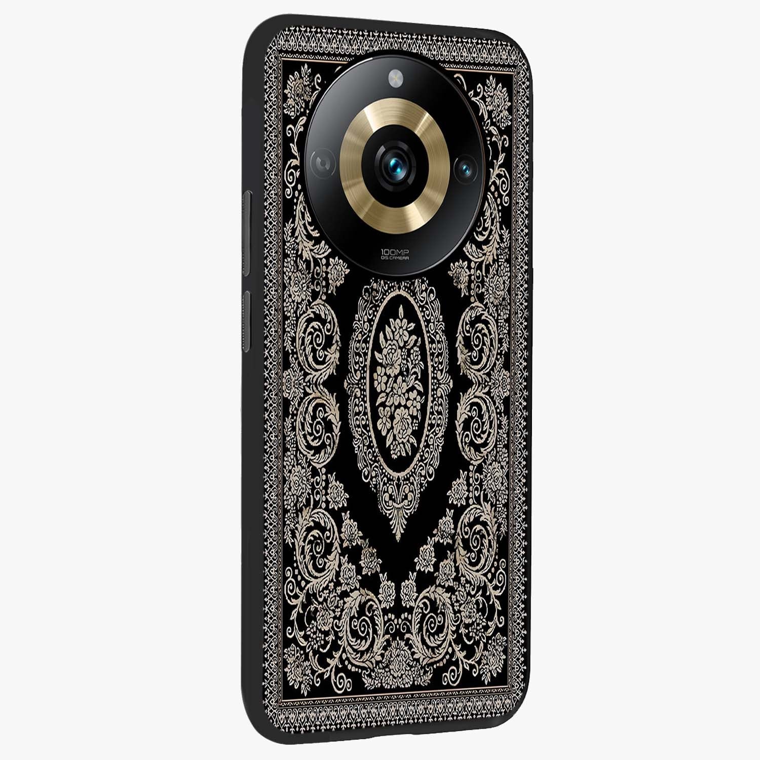 Noir Bloom Elegance Glass Case upright view showcasing graceful floral artwork with luxurious dark theme.