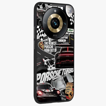 Porsche Racing Collage Glass Case upright view showcasing energetic car collage artwork with high speed racing theme.