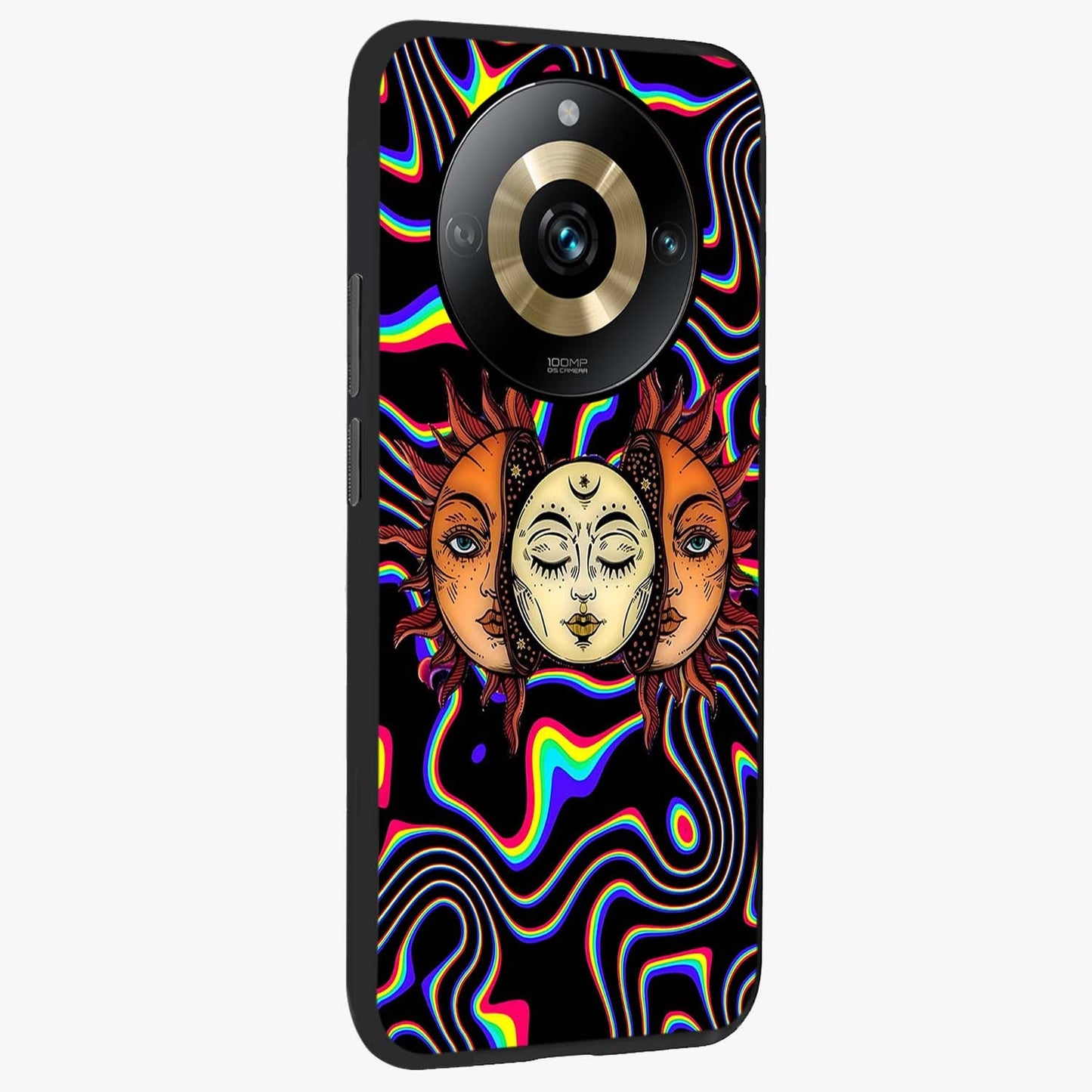 Psychedelic Sun Glass Case upright view showcasing trippy sun artwork with bold psychedelic theme.