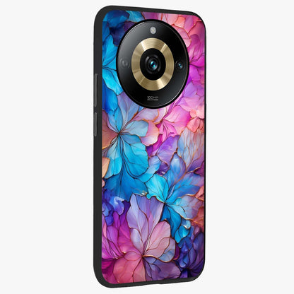 Radiant Floral Whirl Glass Case upright view showcasing lively floral artwork with decorative swirl theme.