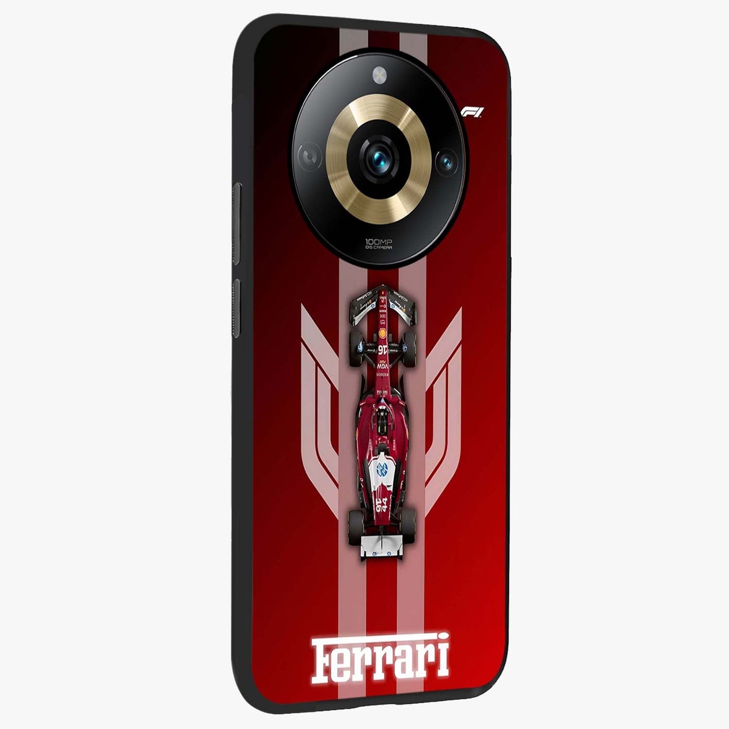 Red Ferrari F1 Vertical Glass Case upright view showcasing powerful Formula car artwork with dynamic motorsport theme.