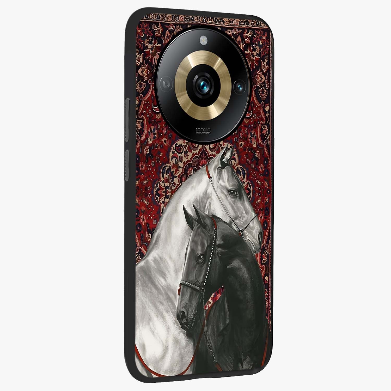 Regal Stallion Tapestry Glass Case upright view showcasing powerful horse artwork with elegant tapestry theme.