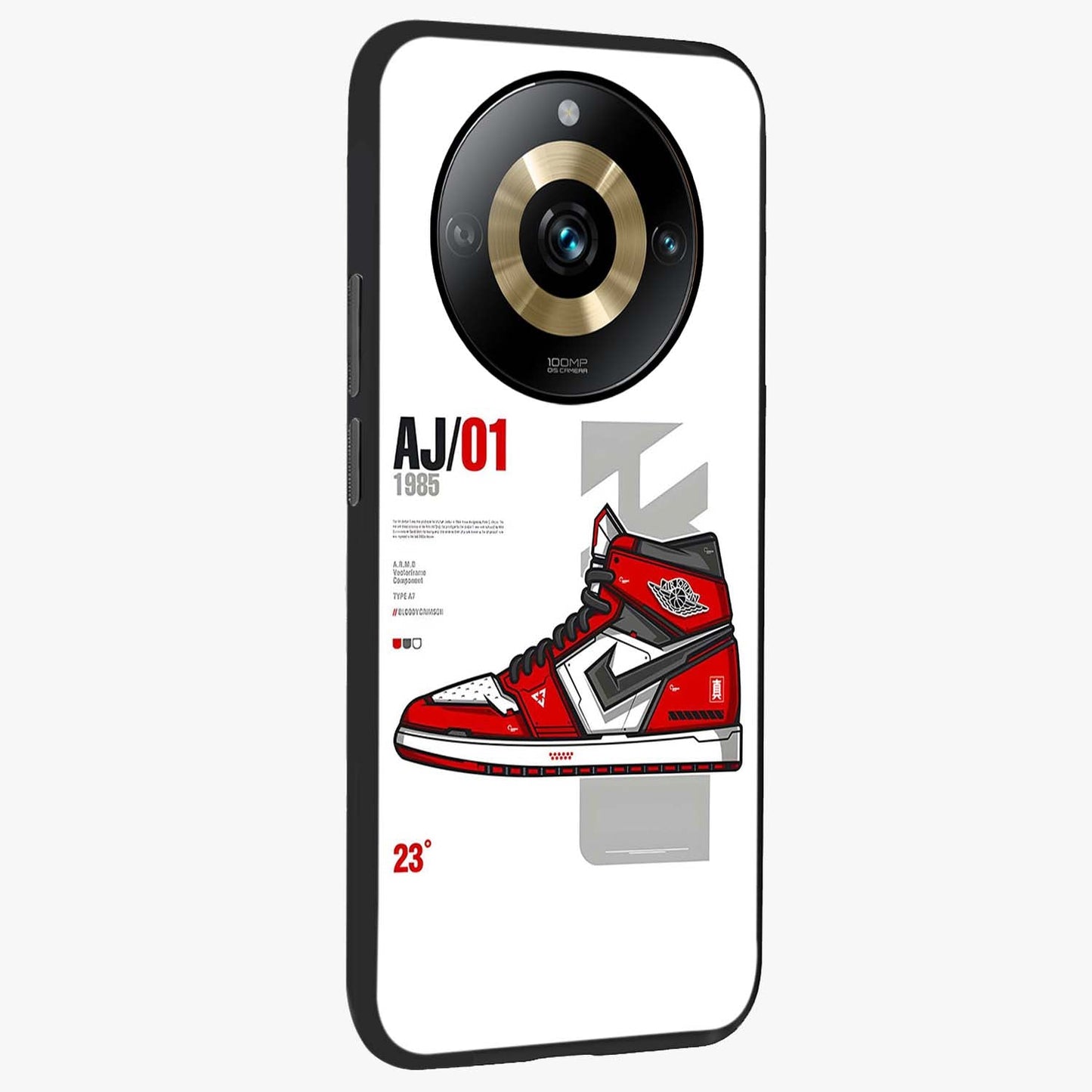Retro Sneaker Blueprint Glass Case upright view showcasing stylish sneaker illustration with vintage streetwear theme.