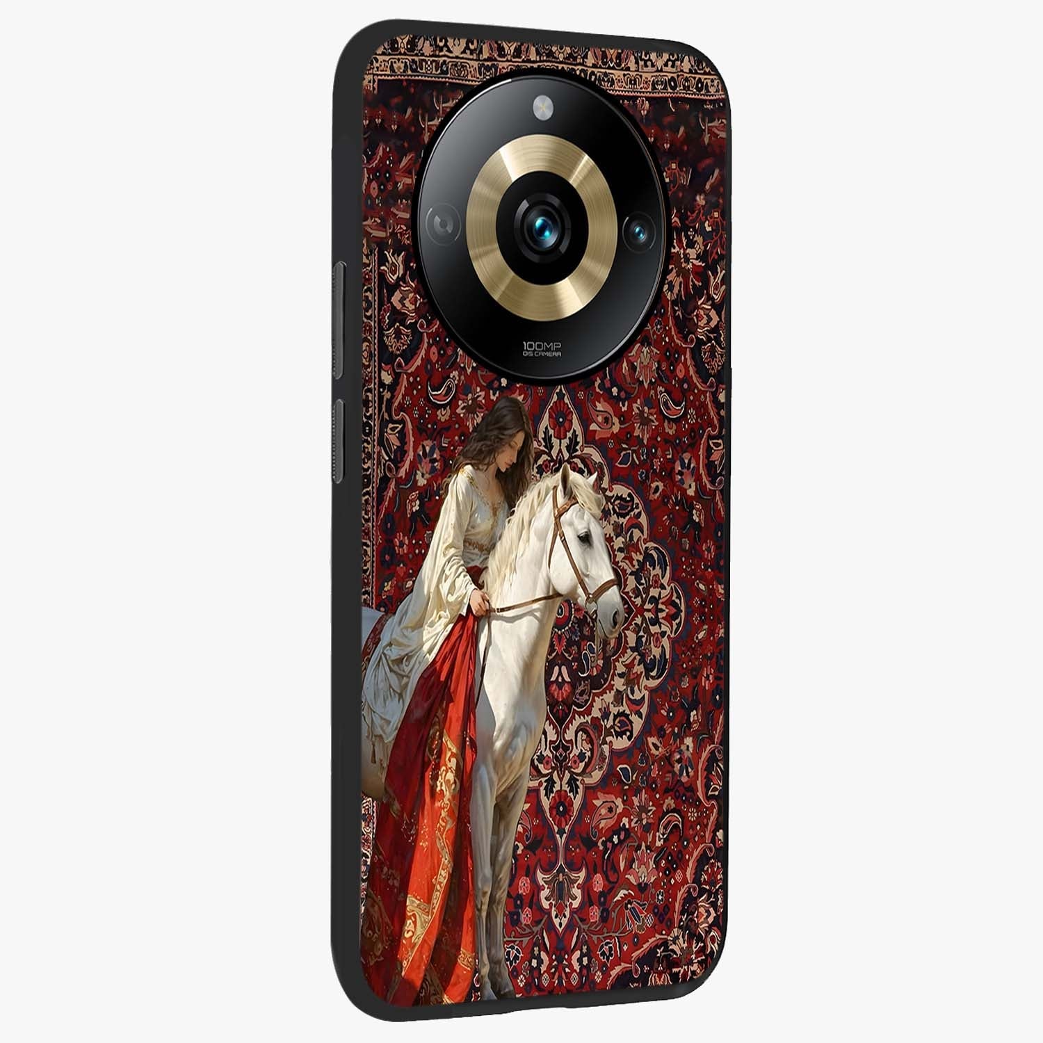 Royal Rider Tapestry Glass Case upright view showcasing detailed rider artwork with classic tapestry theme.