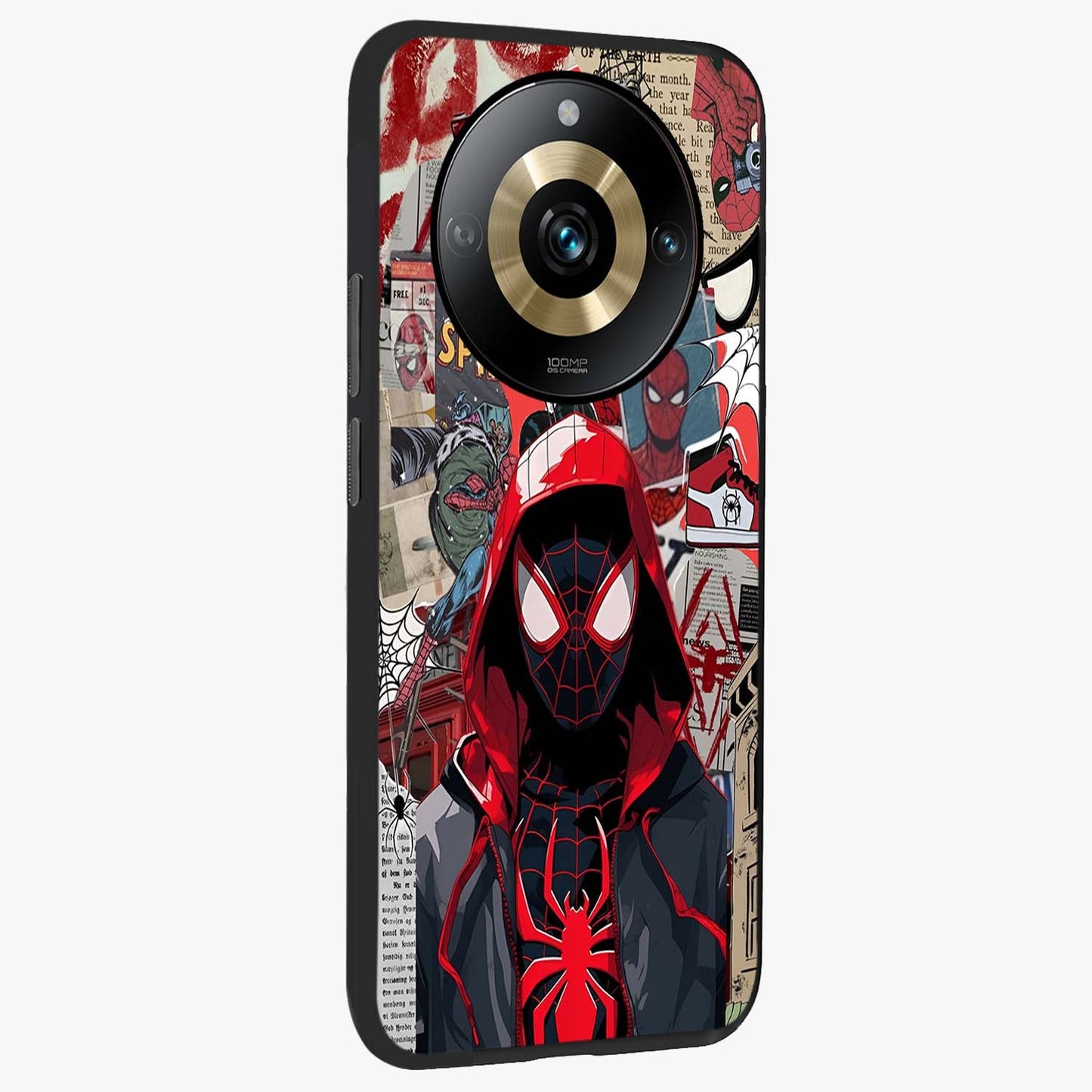 Spider Collage Street Glass Case upright view showcasing bold superhero artwork with urban street theme.