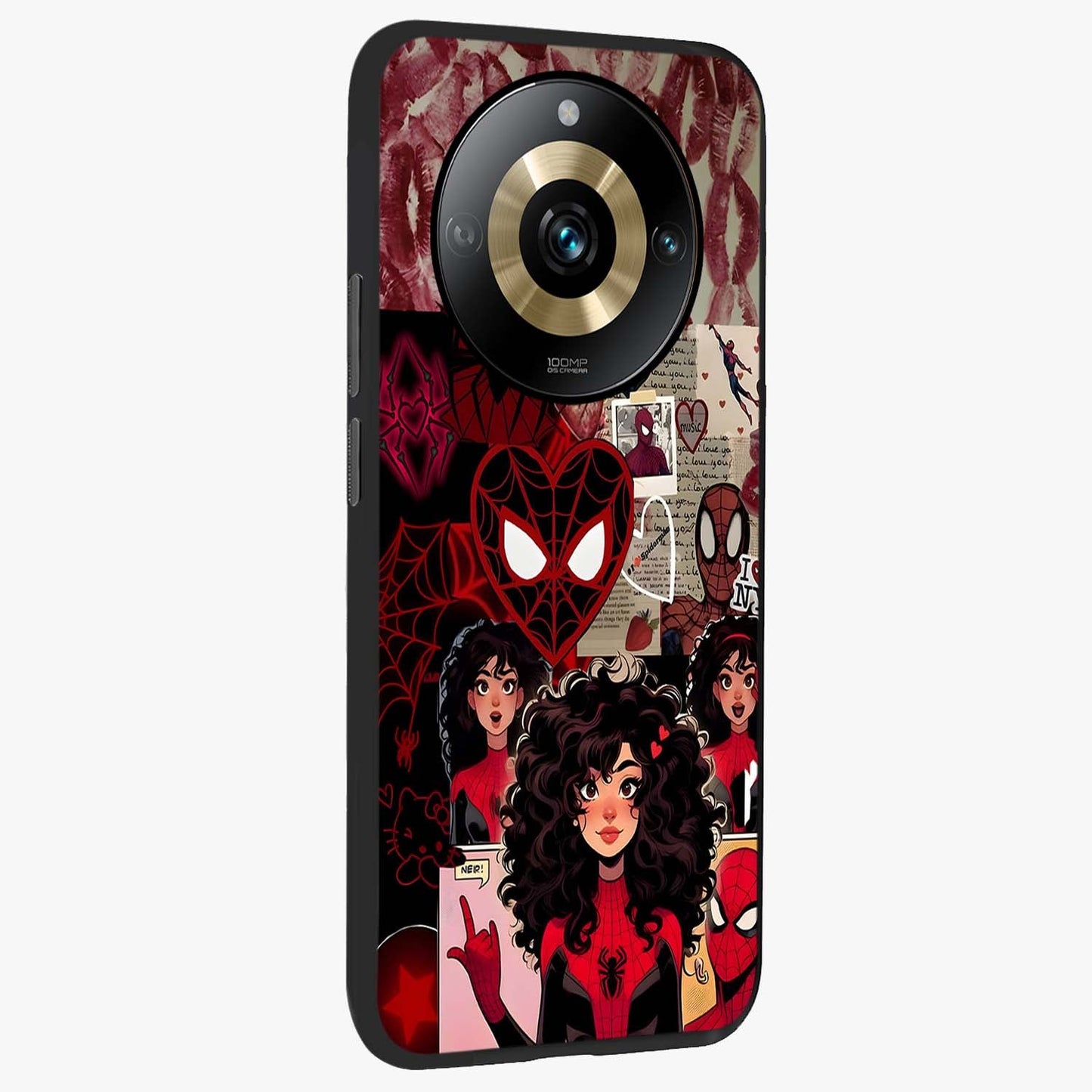 Spider Love Story Glass Case upright view showcasing charming superhero artwork with romantic comic theme.