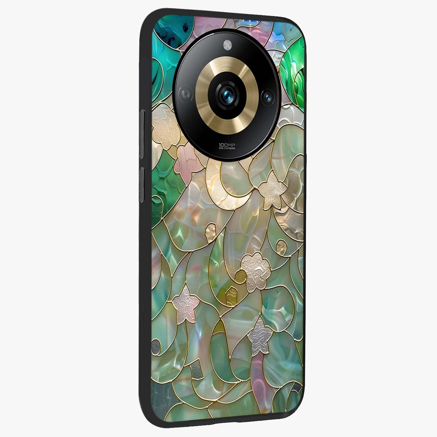 Stained Sunrise Glow Glass Case upright view showcasing colorful sunrise artwork with warm morning theme.
